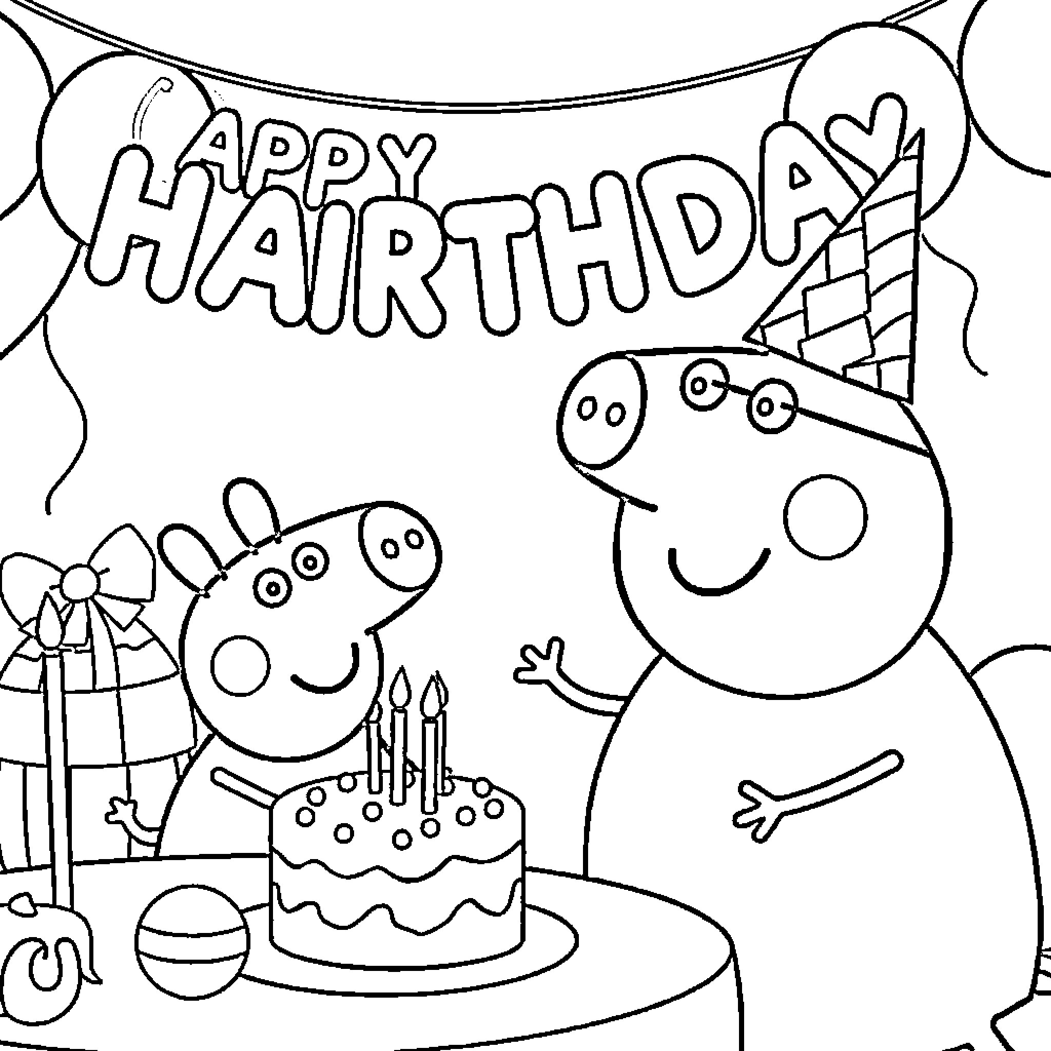 Peppa Pig's Happy Birthday Celebration Coloring Page (free black-and-white line drawing printable PDF for all, from beginners to advanced learners, including children, teens, adults, and seniors)