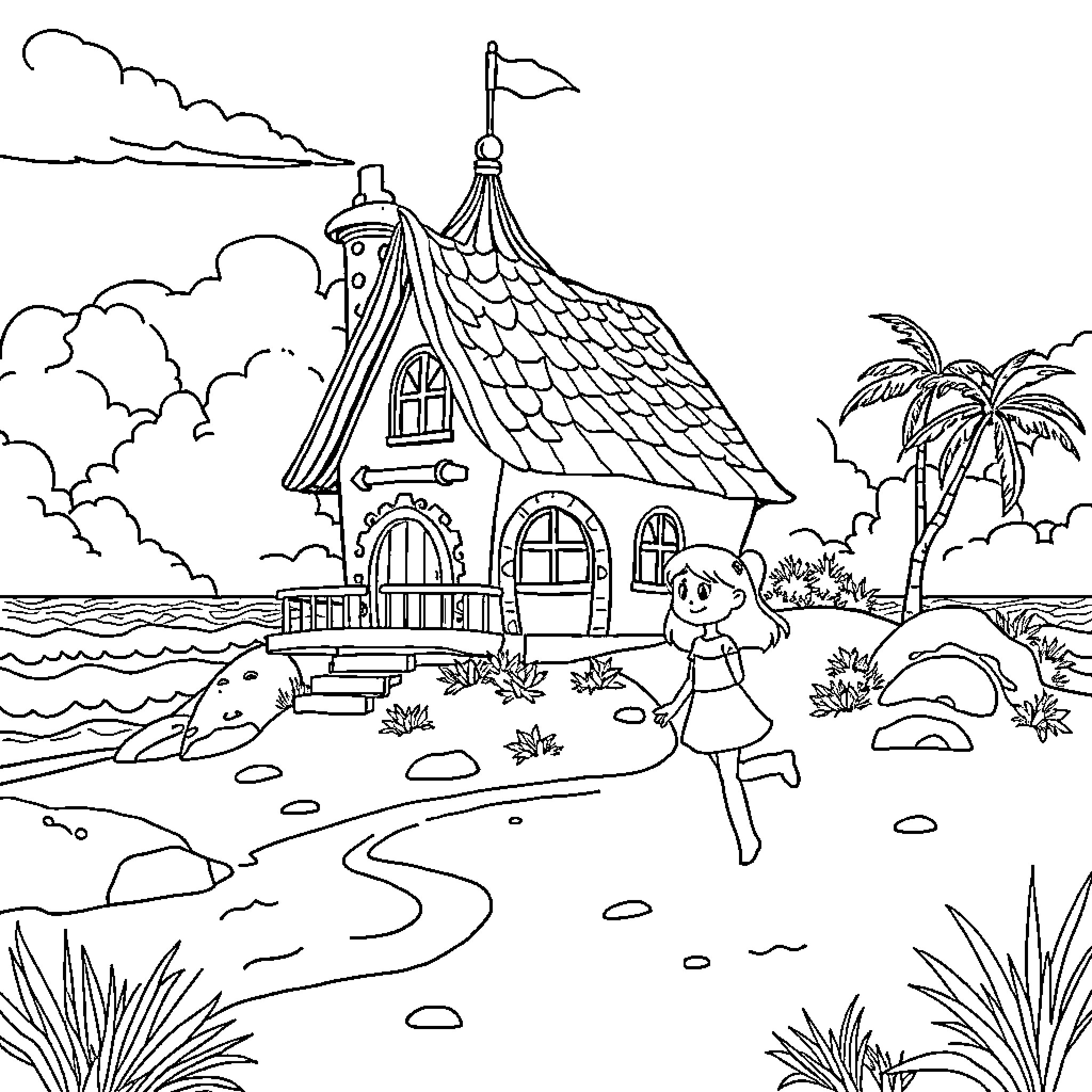 Gabby's Magical Beach House Adventure Coloring Page (free black-and-white line drawing printable PDF for all, from beginners to advanced learners, including children, teens, adults, and seniors)