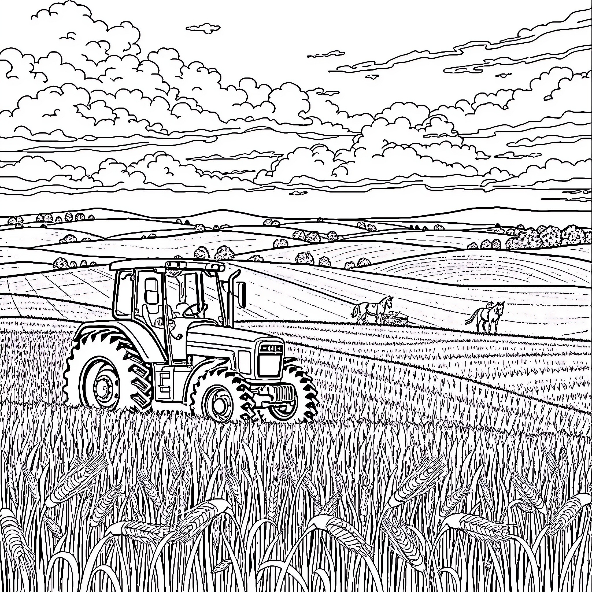 Wheat field landscape with farmer on tractor Coloring Page (free black-and-white line drawing printable PDF for all, from beginners to advanced learners, including children, teens, adults, and seniors)