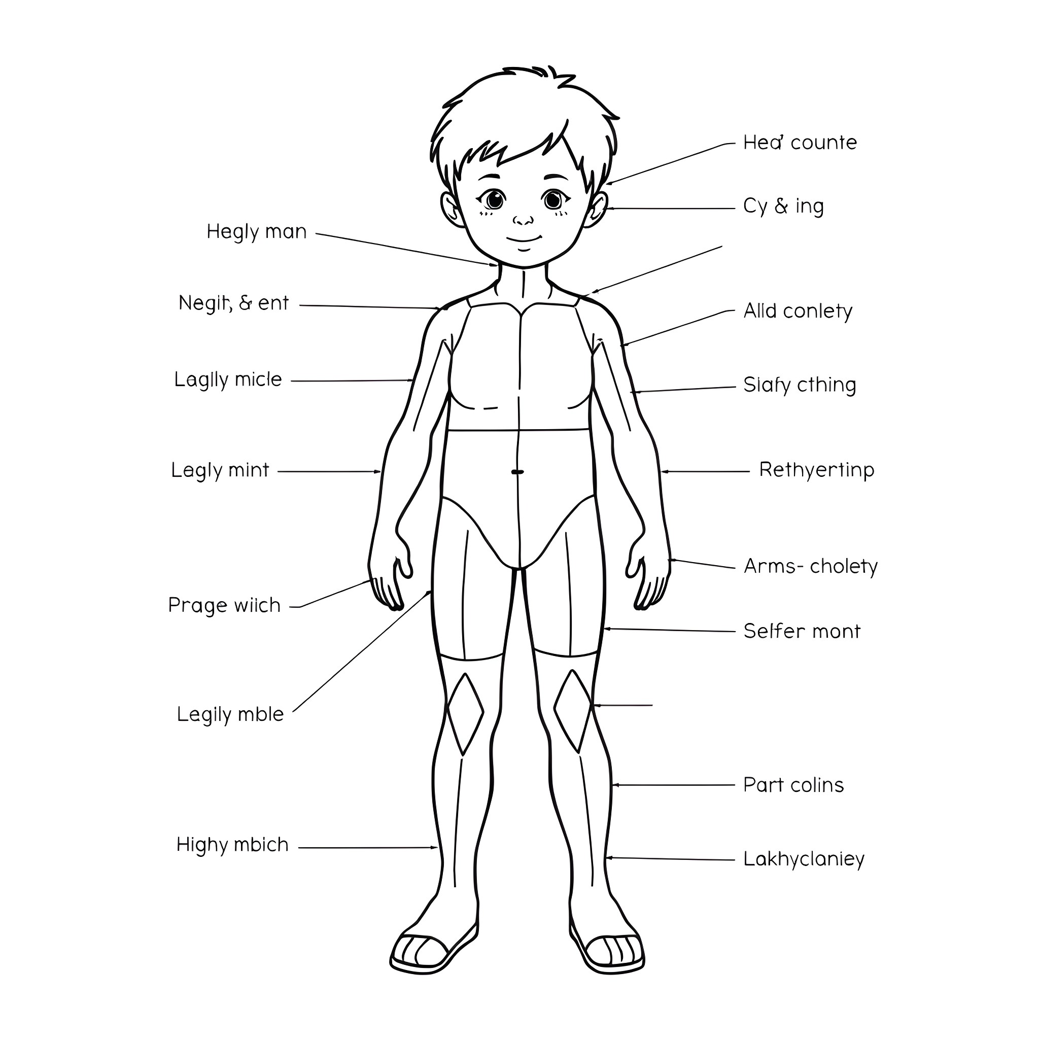 Human Anatomy: Labeled Parts of a Male Figure Coloring Page (free black-and-white line drawing printable PDF for all, from beginners to advanced learners, including children, teens, adults, and seniors)