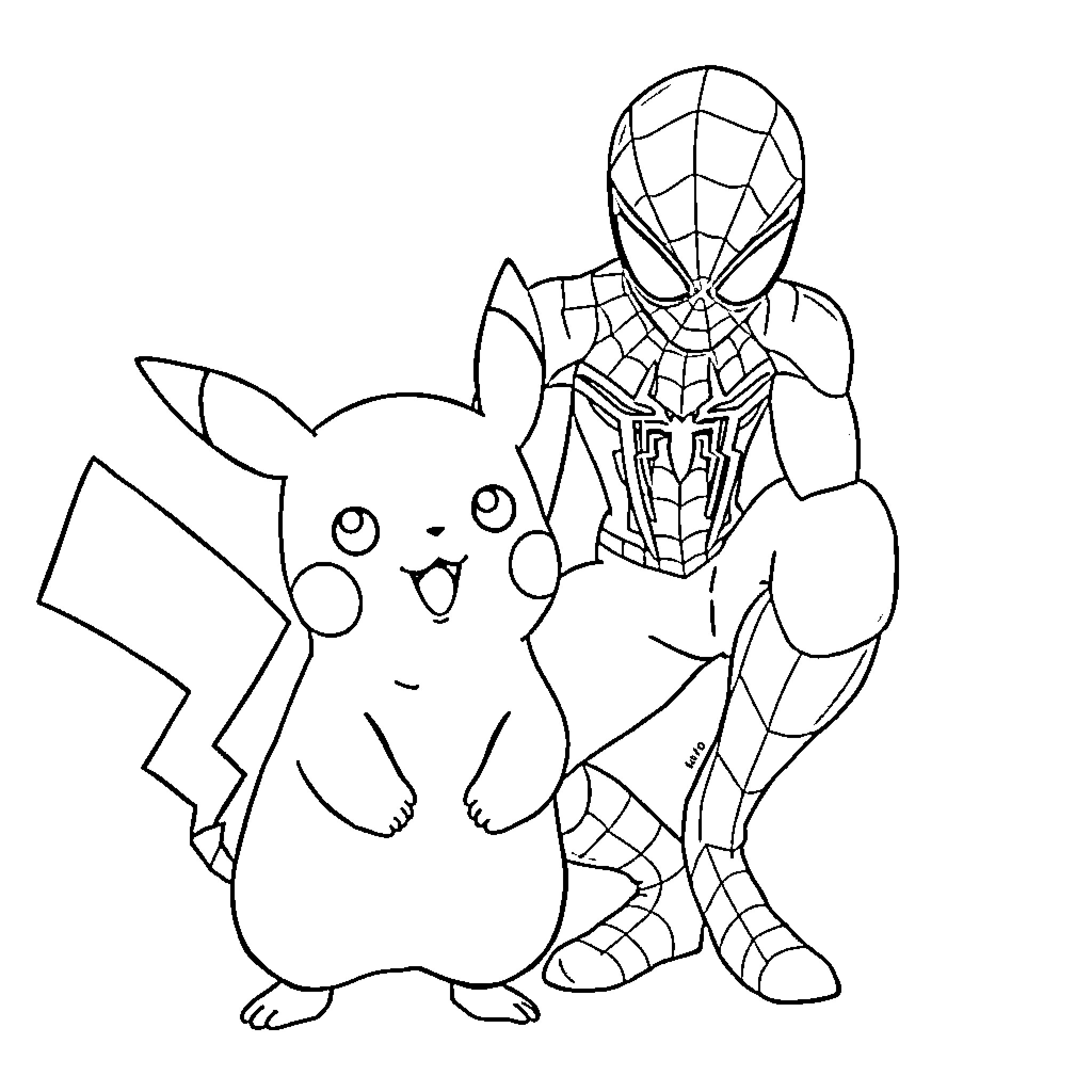Pikachu and Spider-Man playing together Coloring Page (free black-and-white line drawing printable PDF for all, from beginners to advanced learners, including children, teens, adults, and seniors)