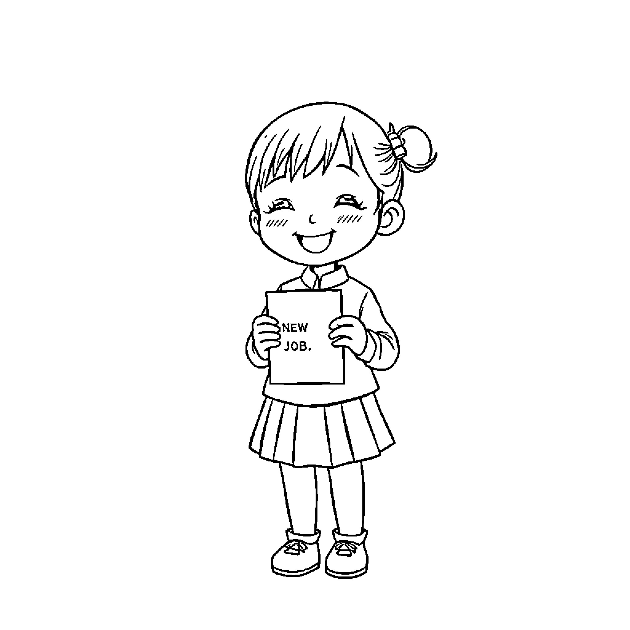 Girl excited about new job opportunity Coloring Page (free black-and-white line drawing printable PDF for all, from beginners to advanced learners, including children, teens, adults, and seniors)