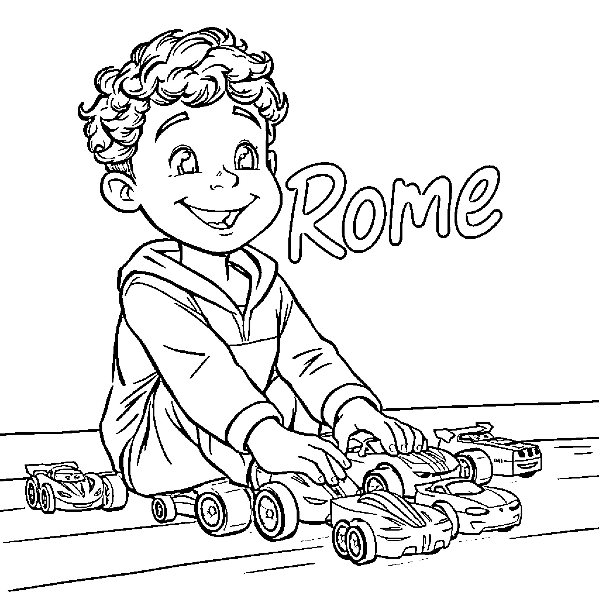 Boy playing happily with toy cars Coloring Page (free black-and-white line drawing printable PDF for all, from beginners to advanced learners, including children, teens, adults, and seniors)