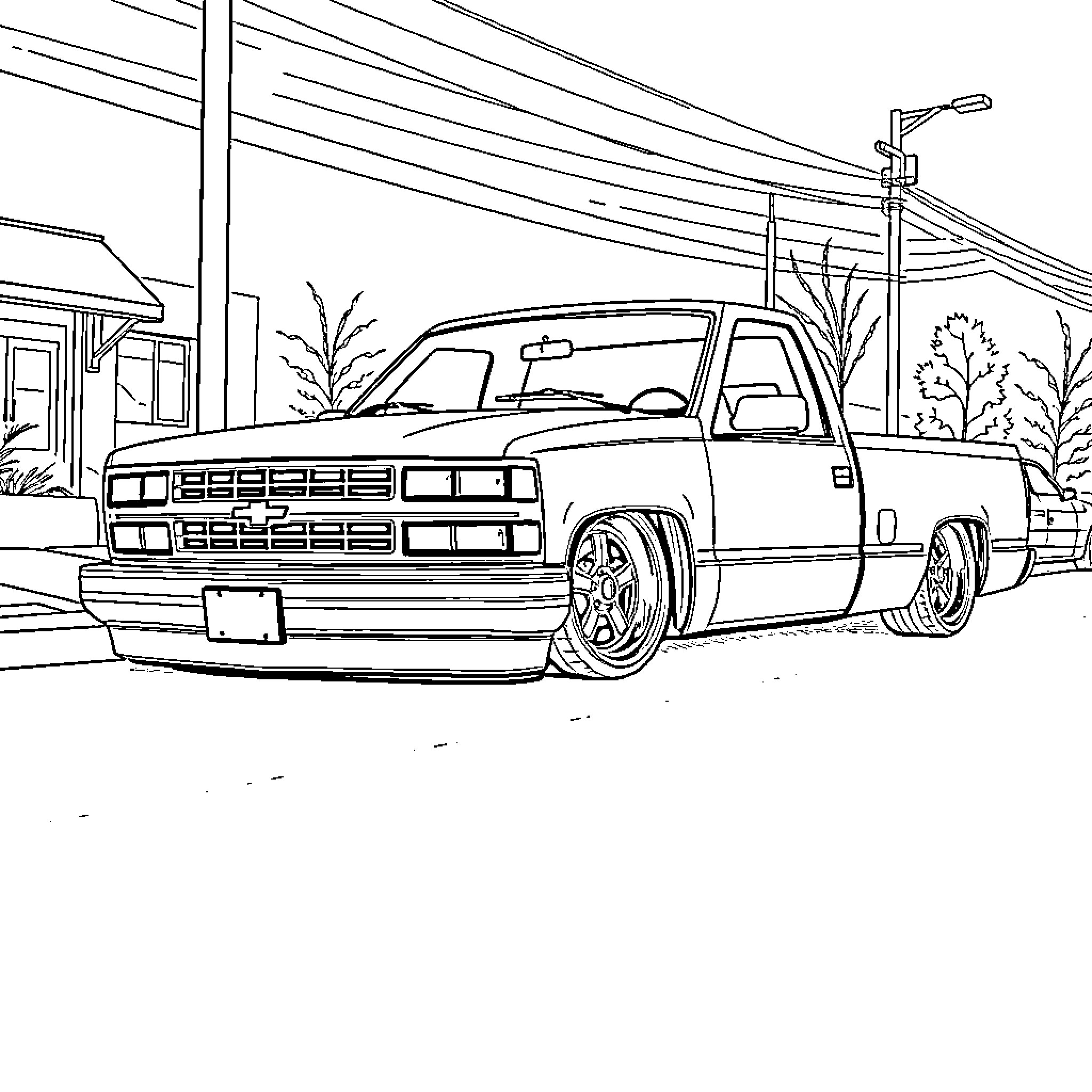 Chevy truck parked in front of building Coloring Page (free black-and-white line drawing printable PDF for all, from beginners to advanced learners, including children, teens, adults, and seniors)
