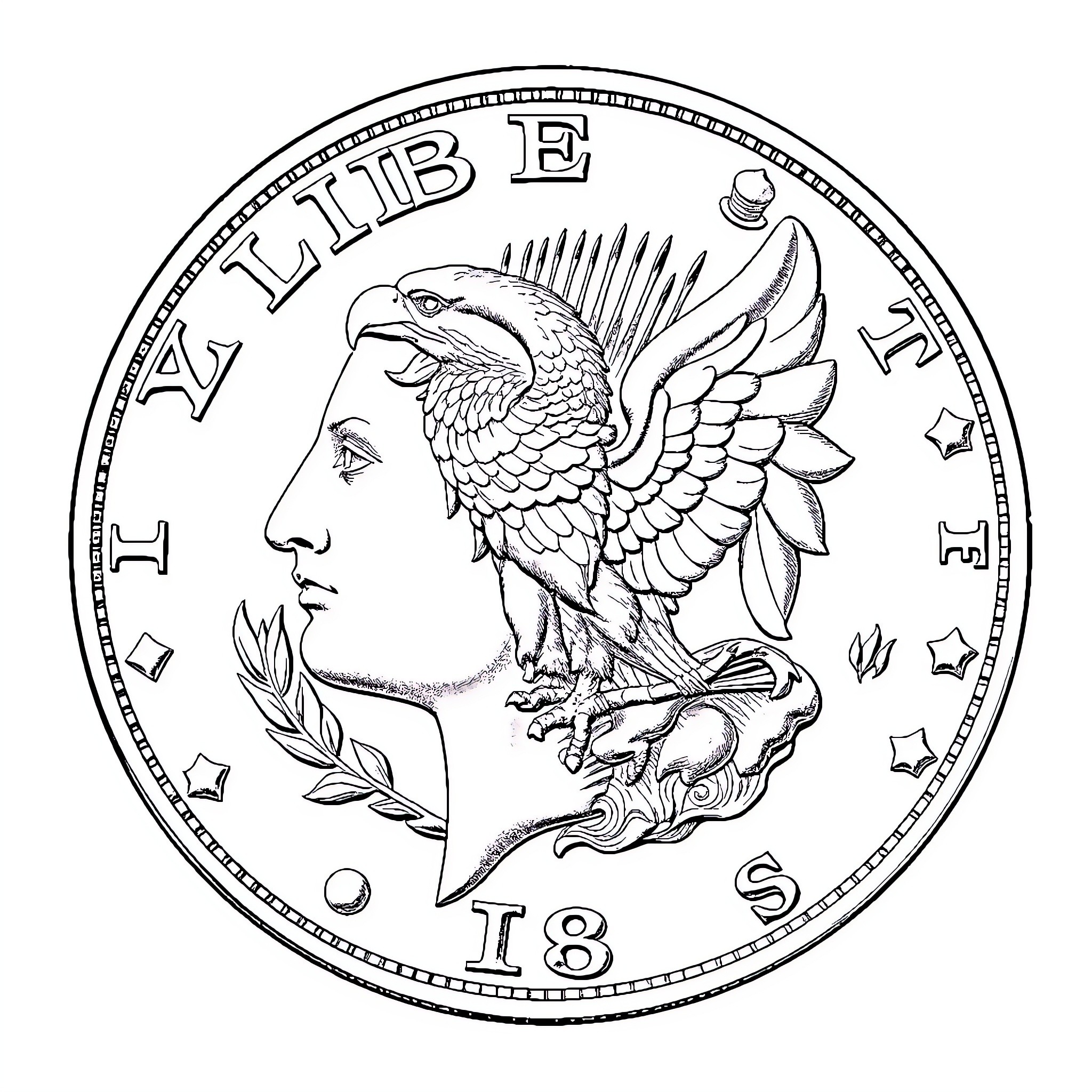 Morgan Silver Dollar with Detailed Eagle Design Coloring Page (free black-and-white line drawing printable PDF for all, from beginners to advanced learners, including children, teens, adults, and seniors)