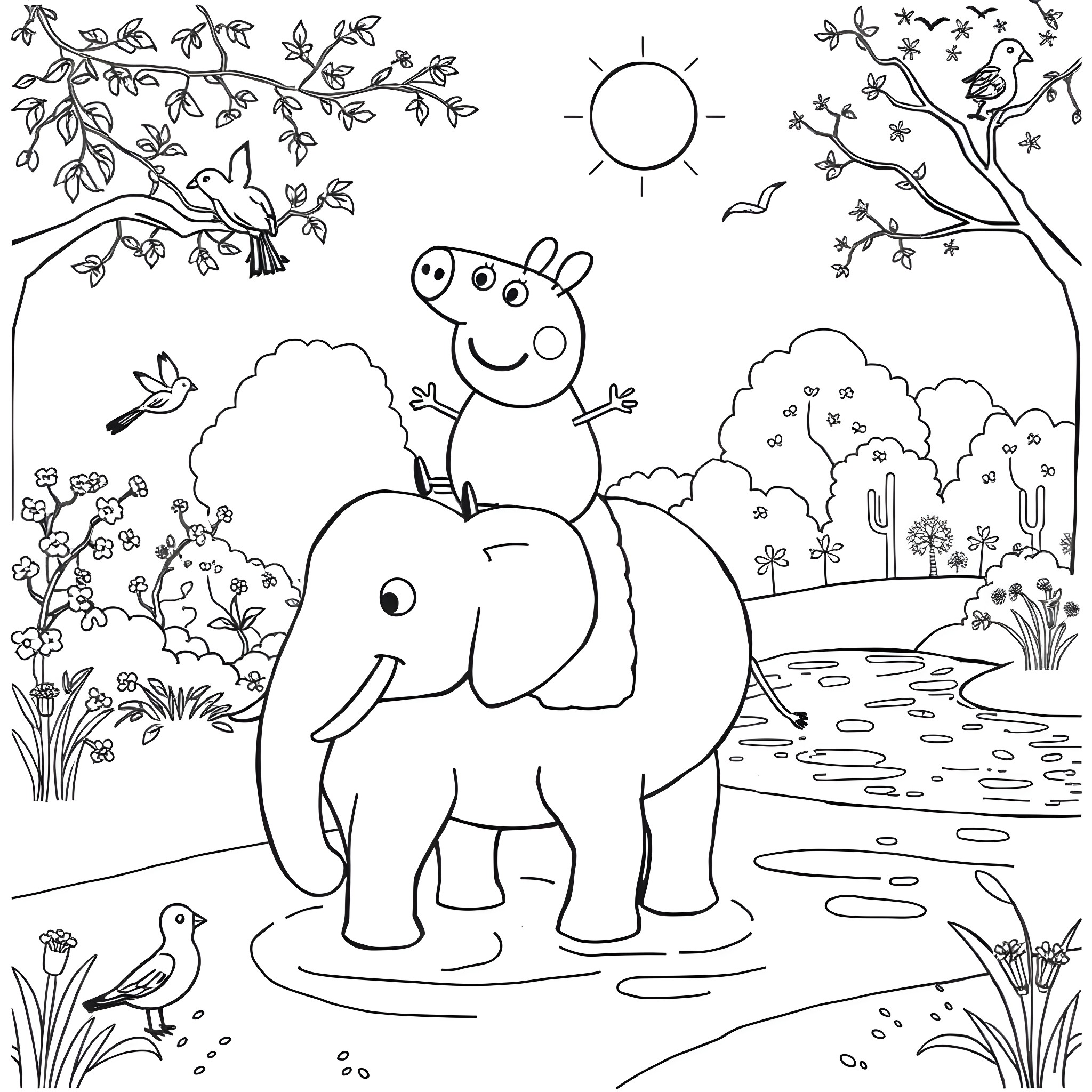 Peppa Pig and her elephant friend exploring a lush outdoor scene Coloring Page (free black-and-white line drawing printable PDF for all, from beginners to advanced learners, including children, teens, adults, and seniors)