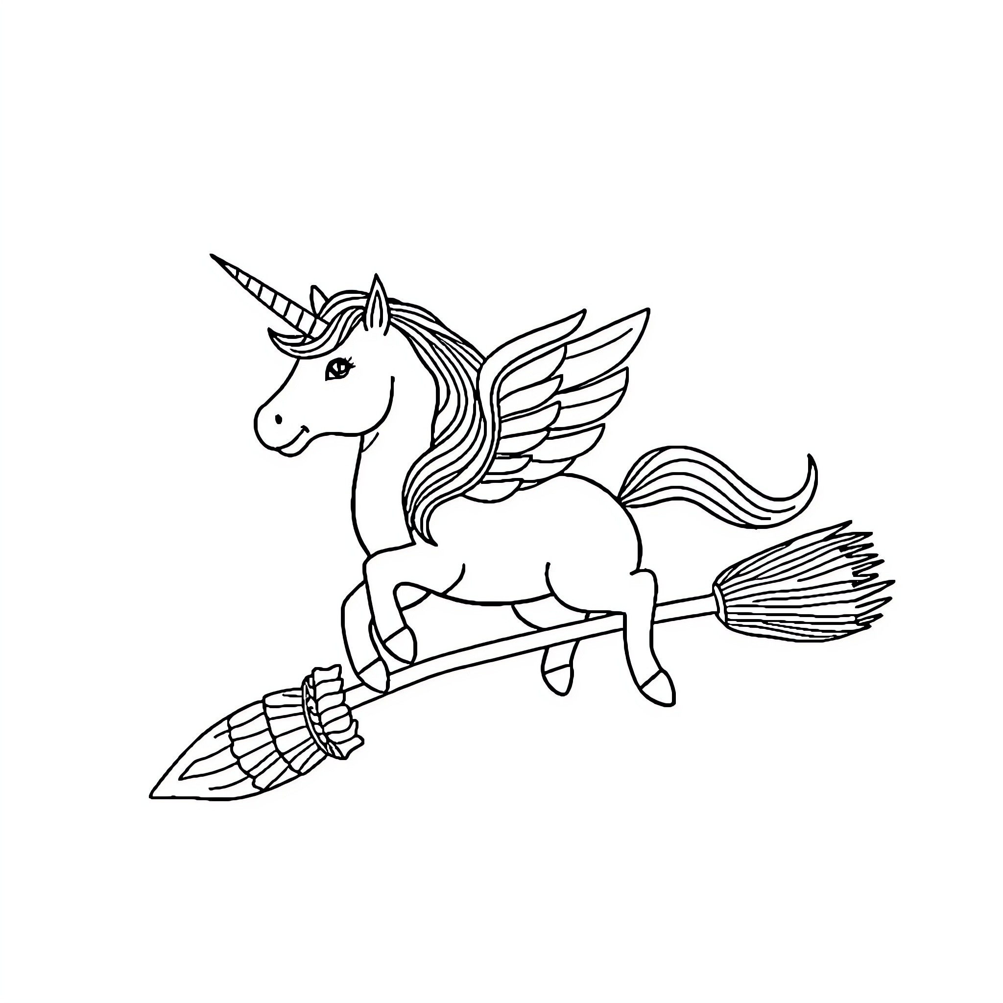 Unicorn riding a magical rocket Coloring Page (free black-and-white line drawing printable PDF for all, from beginners to advanced learners, including children, teens, adults, and seniors)