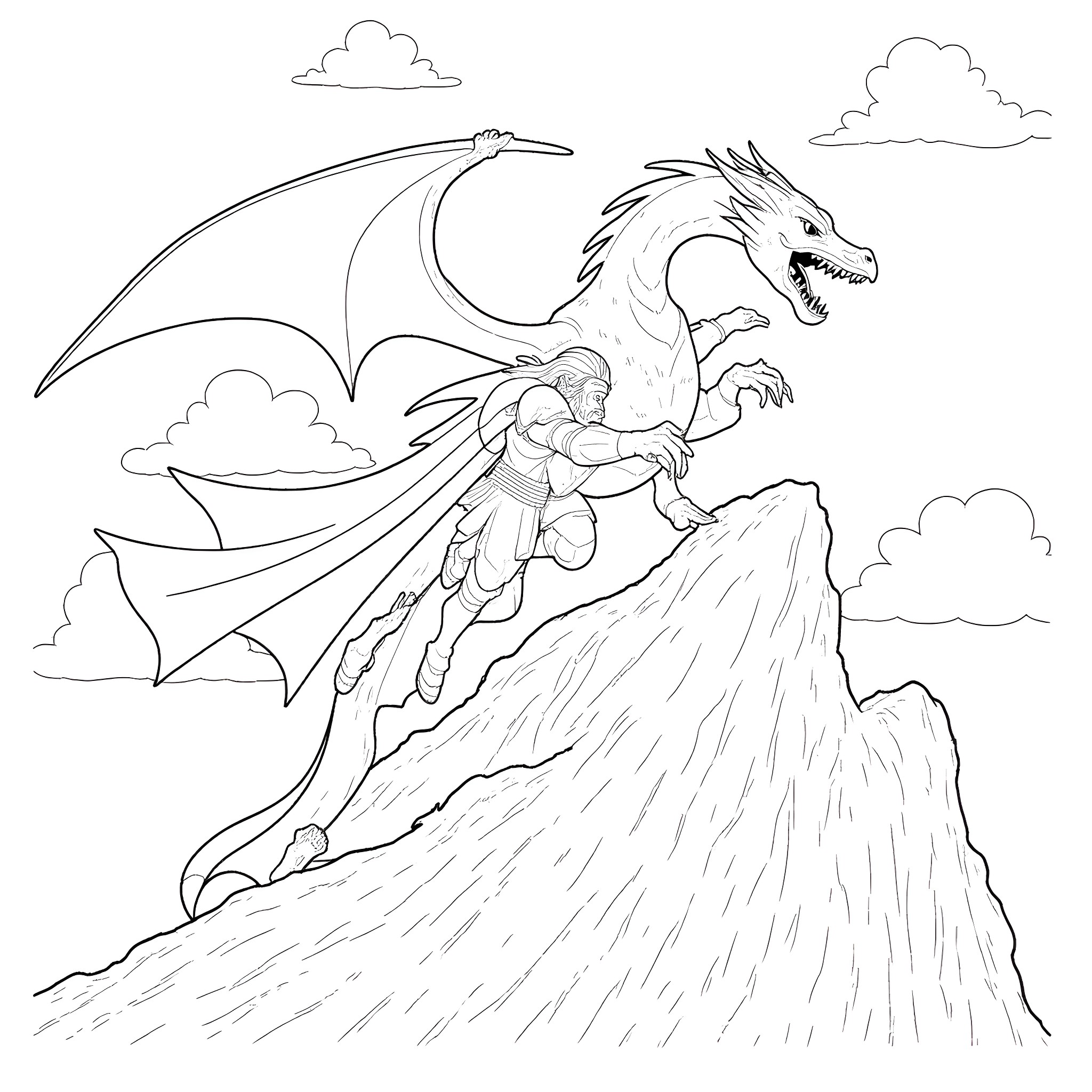 Faenor's Dragon Soaring Over Rugged Terrain Coloring Page (free black-and-white line drawing printable PDF for all, from beginners to advanced learners, including children, teens, adults, and seniors)