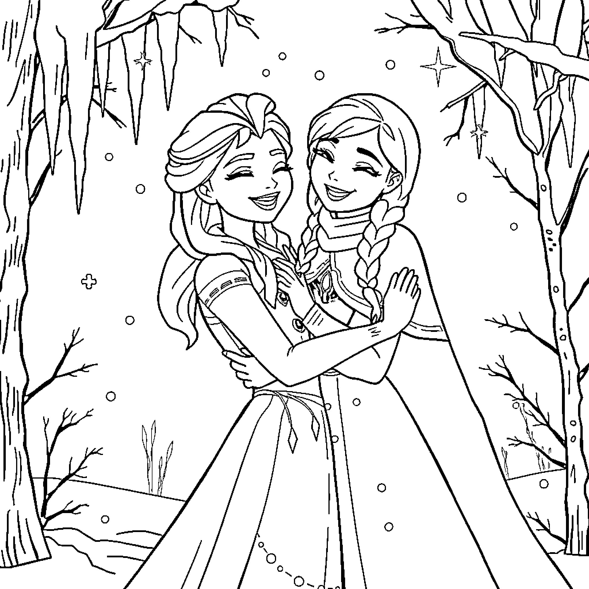 Elsa and Anna enjoying the winter wonderland together Coloring Page (free black-and-white line drawing printable PDF for all, from beginners to advanced learners, including children, teens, adults, and seniors)