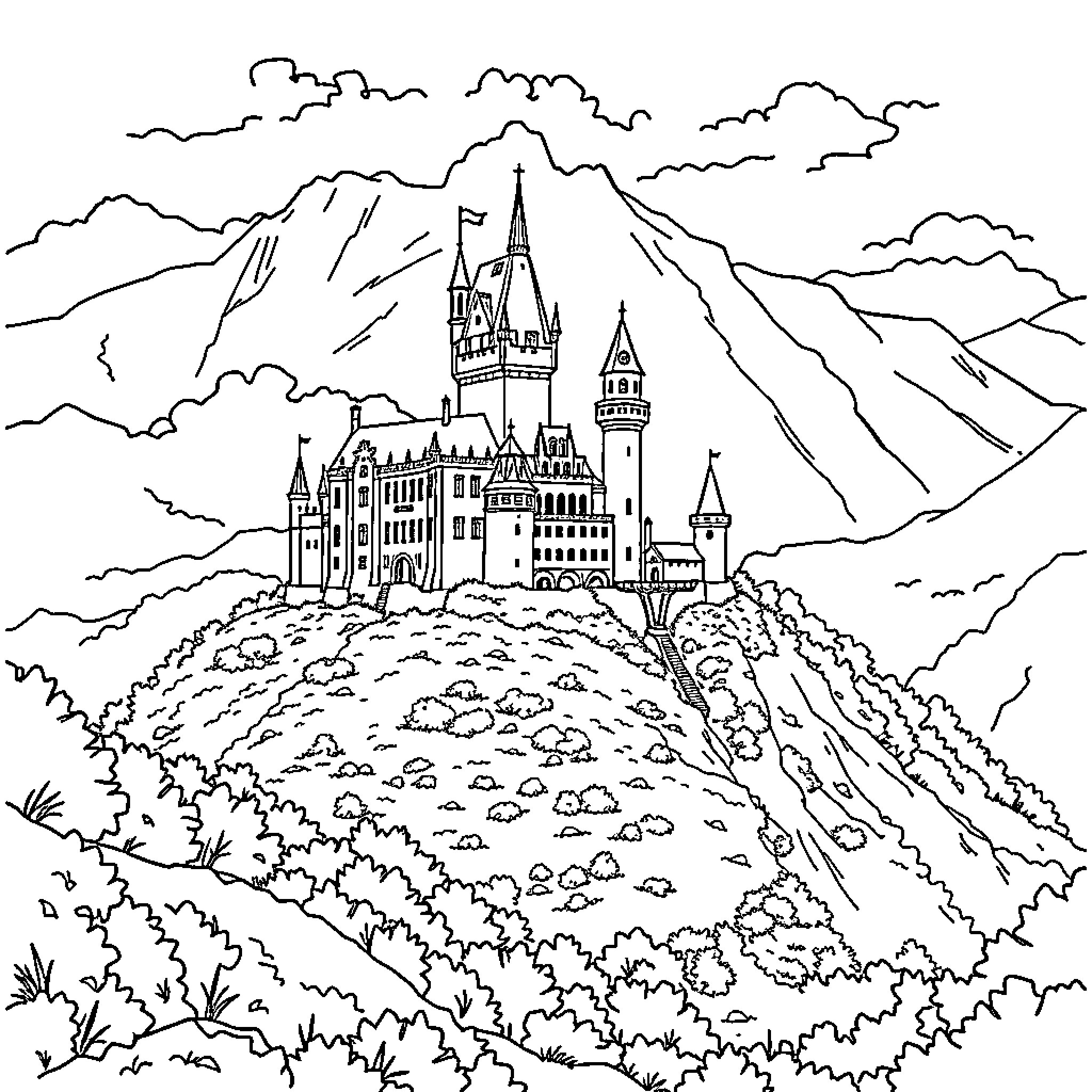 Castle atop a majestic mountain with clouds Coloring Page (free black-and-white line drawing printable PDF for all, from beginners to advanced learners, including children, teens, adults, and seniors)