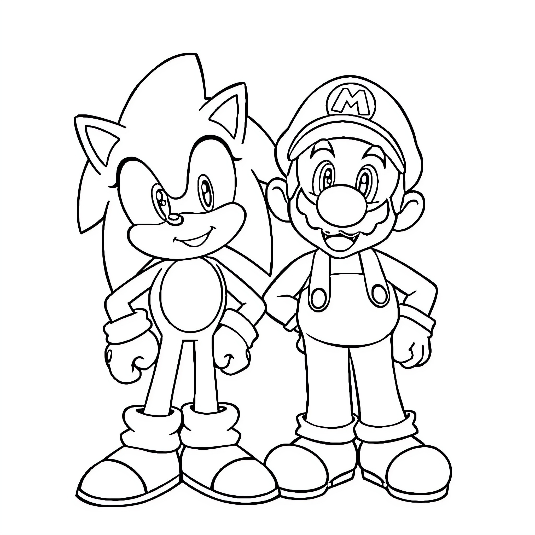 Sonic and Mario in Happy Camaraderie Coloring Page (free black-and-white line drawing printable PDF for all, from beginners to advanced learners, including children, teens, adults, and seniors)