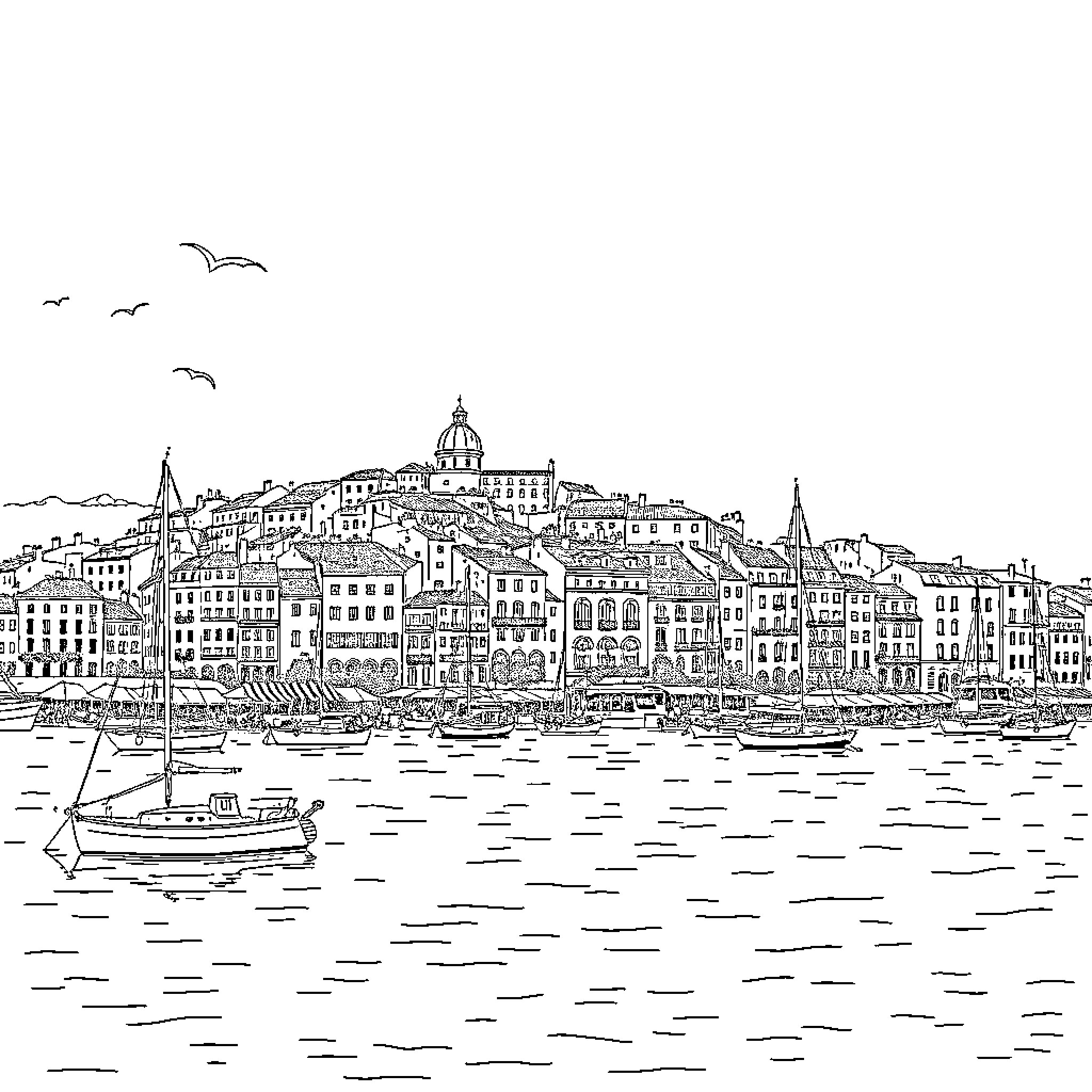 Antibes: Historic Coastal Town with Boats and Seagulls Coloring Page (free black-and-white line drawing printable PDF for all, from beginners to advanced learners, including children, teens, adults, and seniors)