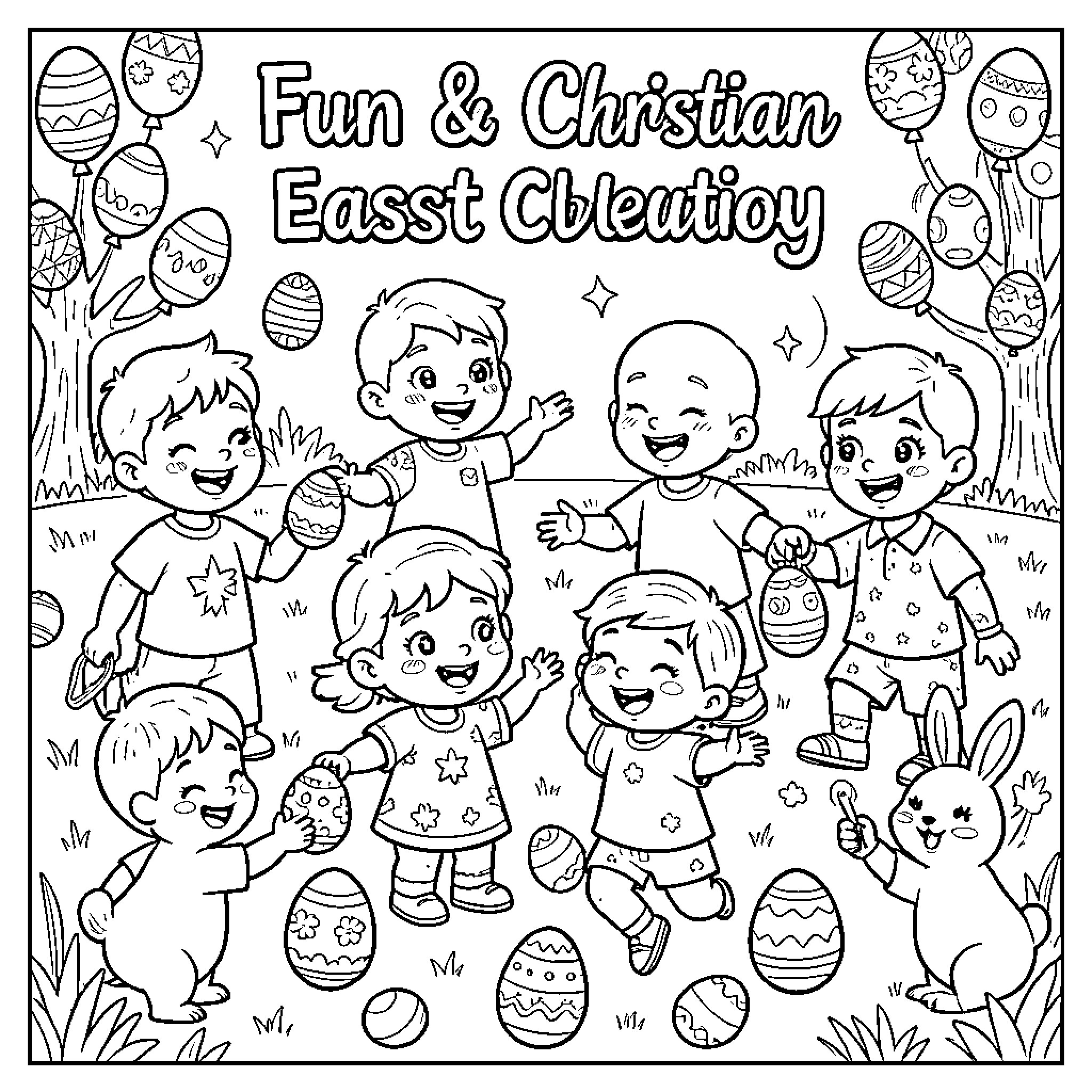 Easter Fun & Christian Eassst Cleution Coloring Page (free black-and-white line drawing printable PDF for all, from beginners to advanced learners, including children, teens, adults, and seniors)
