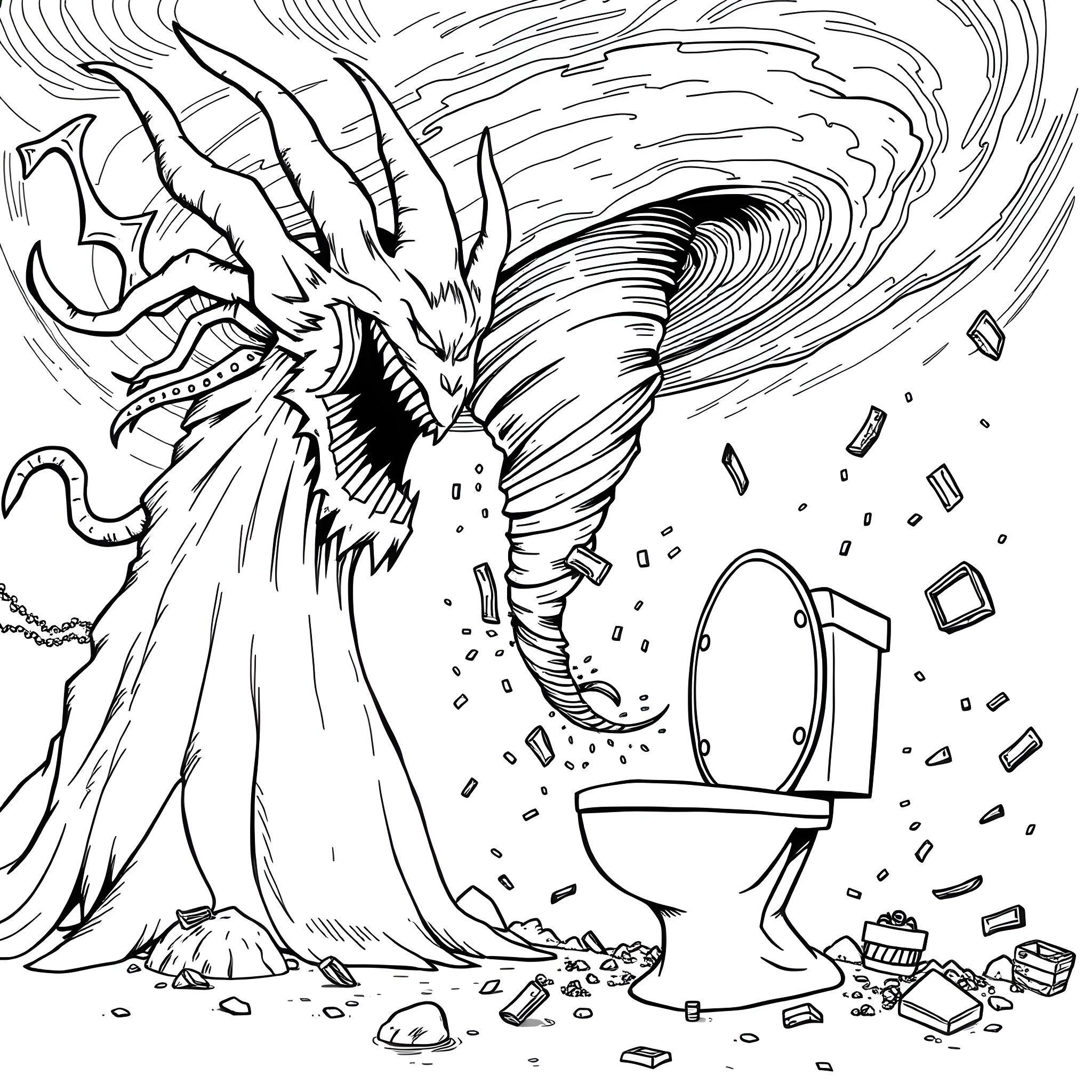 Siren Head destroying a bathroom with its monstrous presence Coloring Page (free black-and-white line drawing printable PDF for all, from beginners to advanced learners, including children, teens, adults, and seniors)