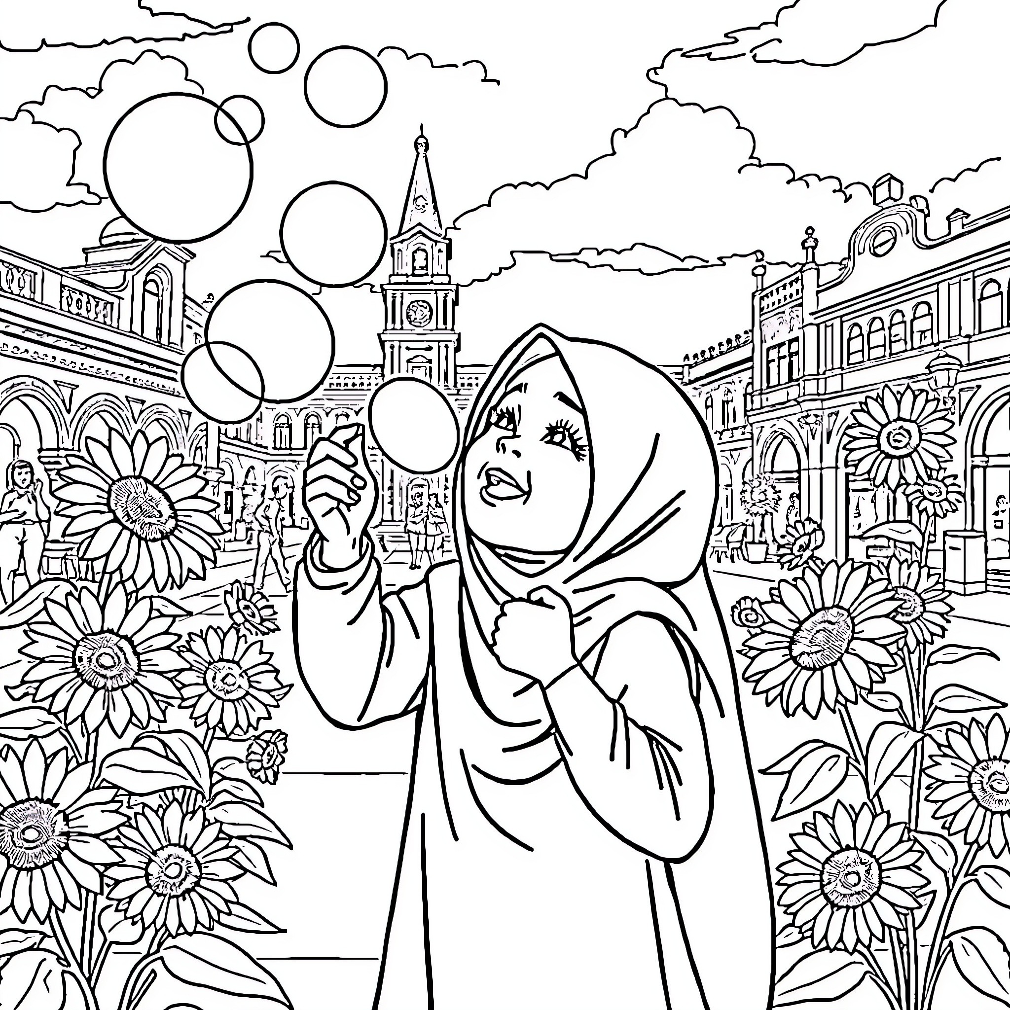 Girl playing with balloons in a floral city scene Coloring Page (free black-and-white line drawing printable PDF for all, from beginners to advanced learners, including children, teens, adults, and seniors)