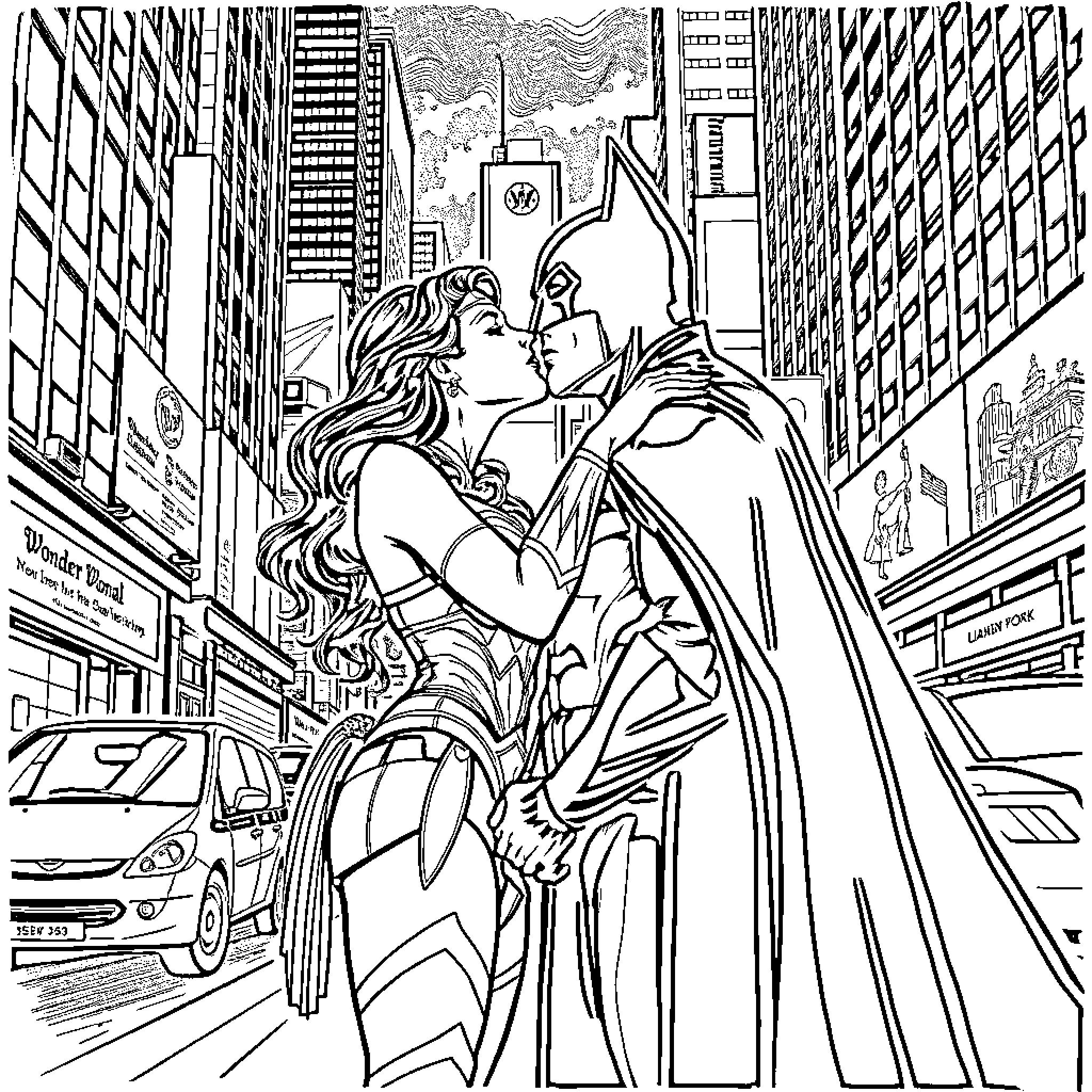 Wonder Woman and her Superhero Lover in the City Coloring Page (free black-and-white line drawing printable PDF for all, from beginners to advanced learners, including children, teens, adults, and seniors)
