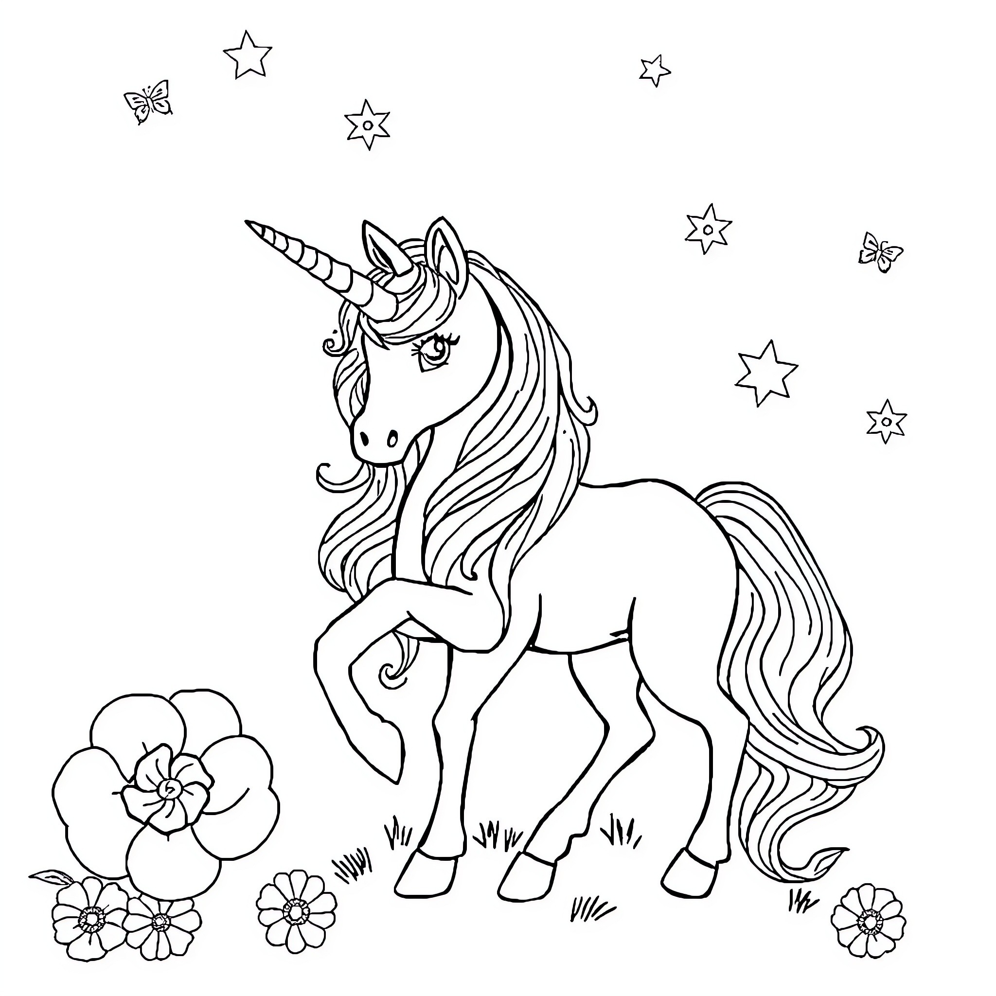 Unicorn standing gracefully in a starry field Coloring Page (free black-and-white line drawing printable PDF for all, from beginners to advanced learners, including children, teens, adults, and seniors)