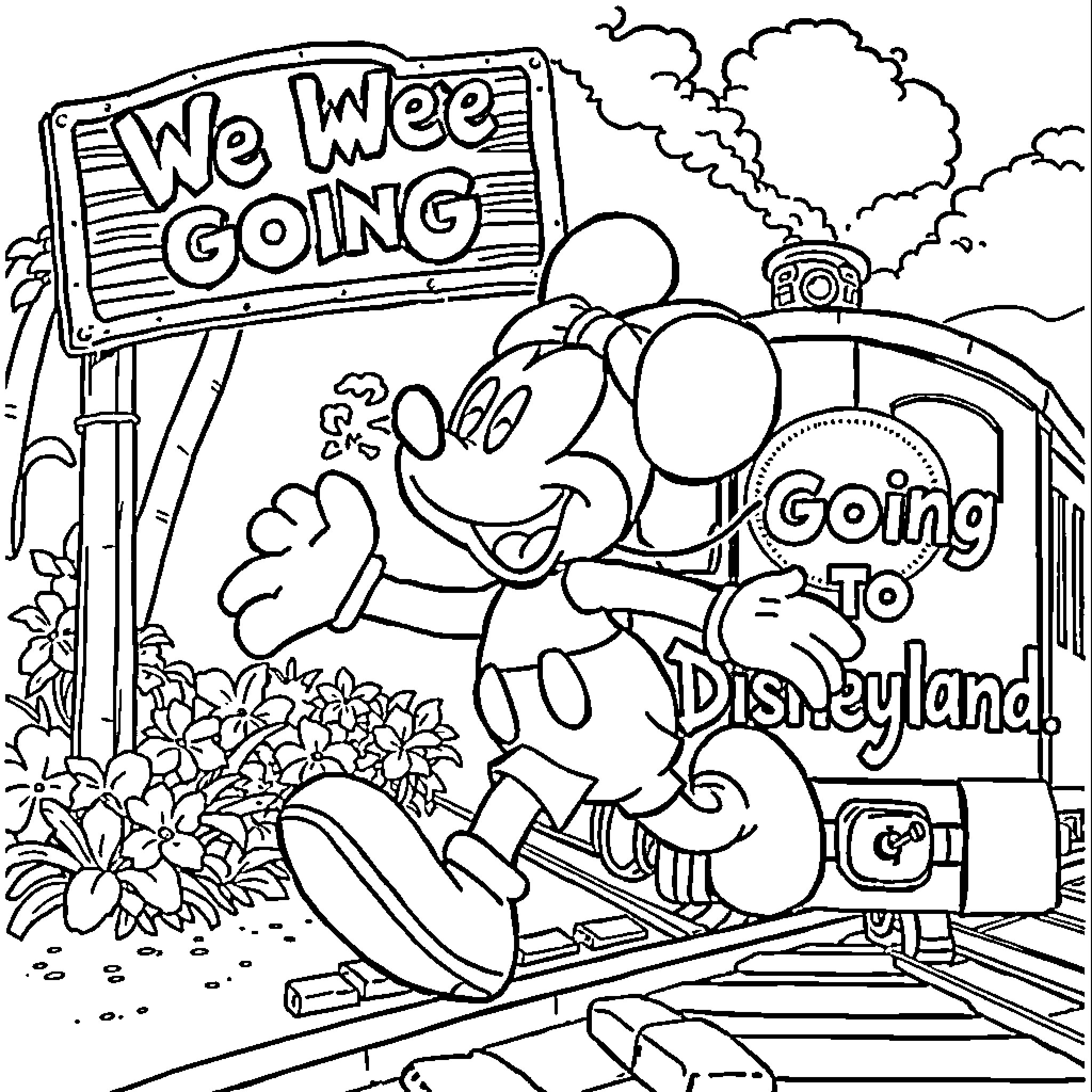 Mickey on the Road to Disneyland Coloring Page (free black-and-white line drawing printable PDF for all, from beginners to advanced learners, including children, teens, adults, and seniors)