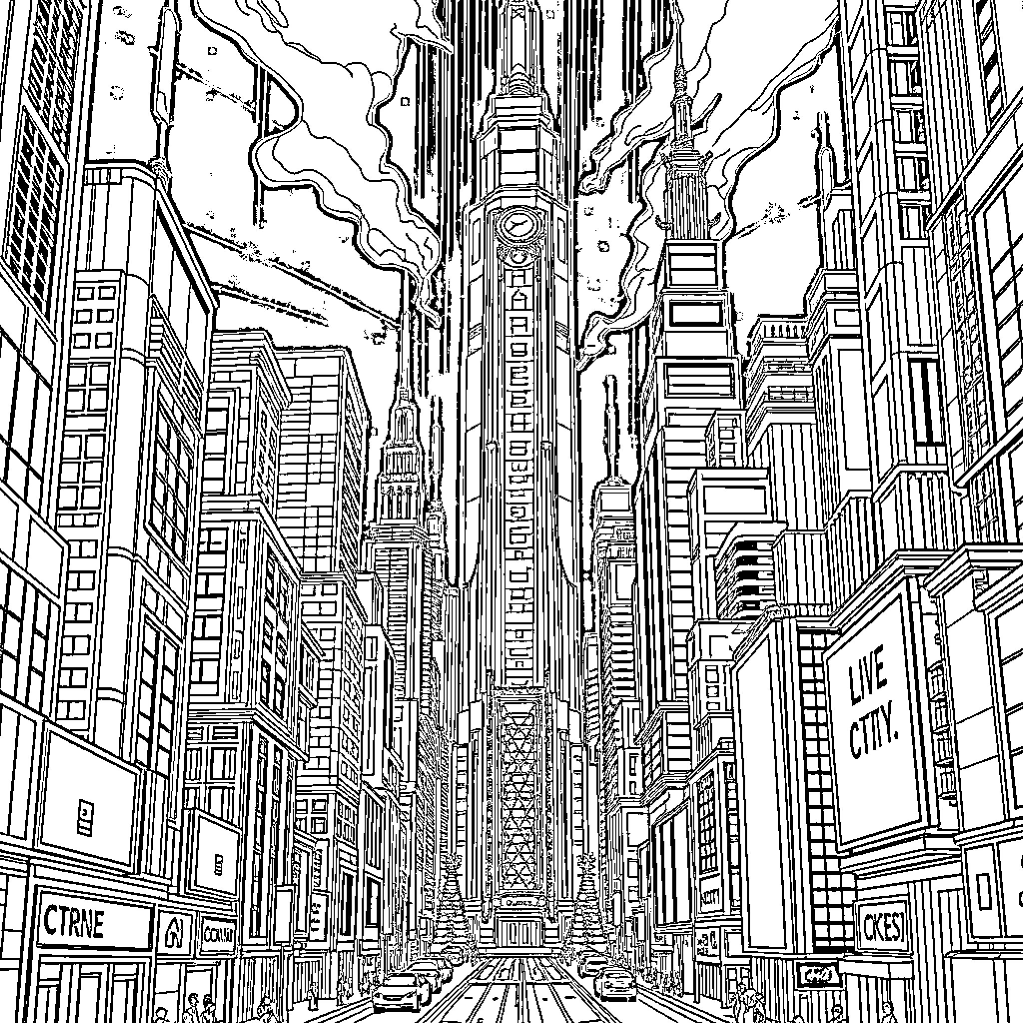 City Skyline with Towering Skyscrapers and Traffic Coloring Page (free black-and-white line drawing printable PDF for all, from beginners to advanced learners, including children, teens, adults, and seniors)