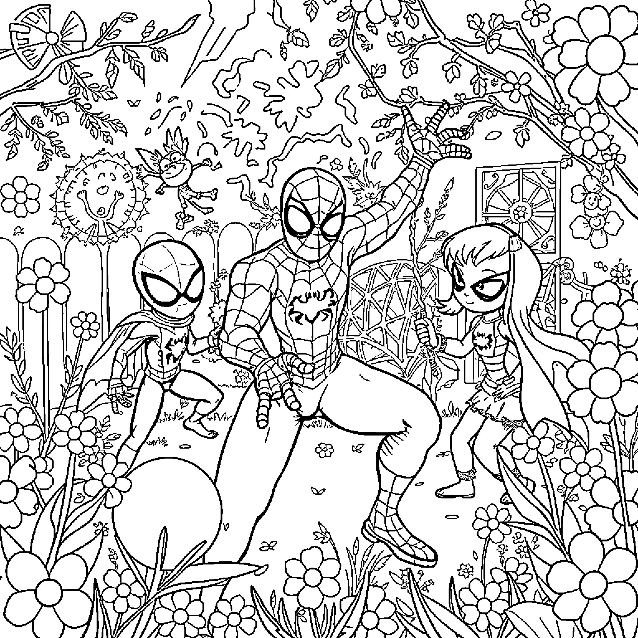 Spider-themed characters in a whimsical floral scene Coloring Page (free black-and-white line drawing printable PDF for all, from beginners to advanced learners, including children, teens, adults, and seniors)