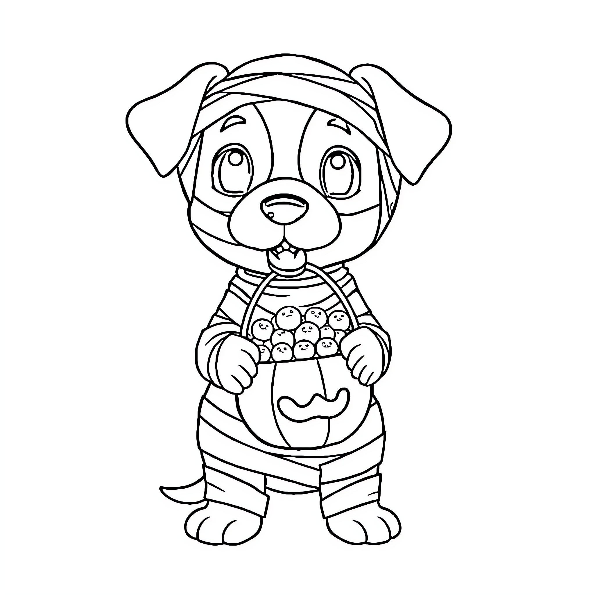 Puppy holding a basket of treats Coloring Page (free black-and-white line drawing printable PDF for all, from beginners to advanced learners, including children, teens, adults, and seniors)