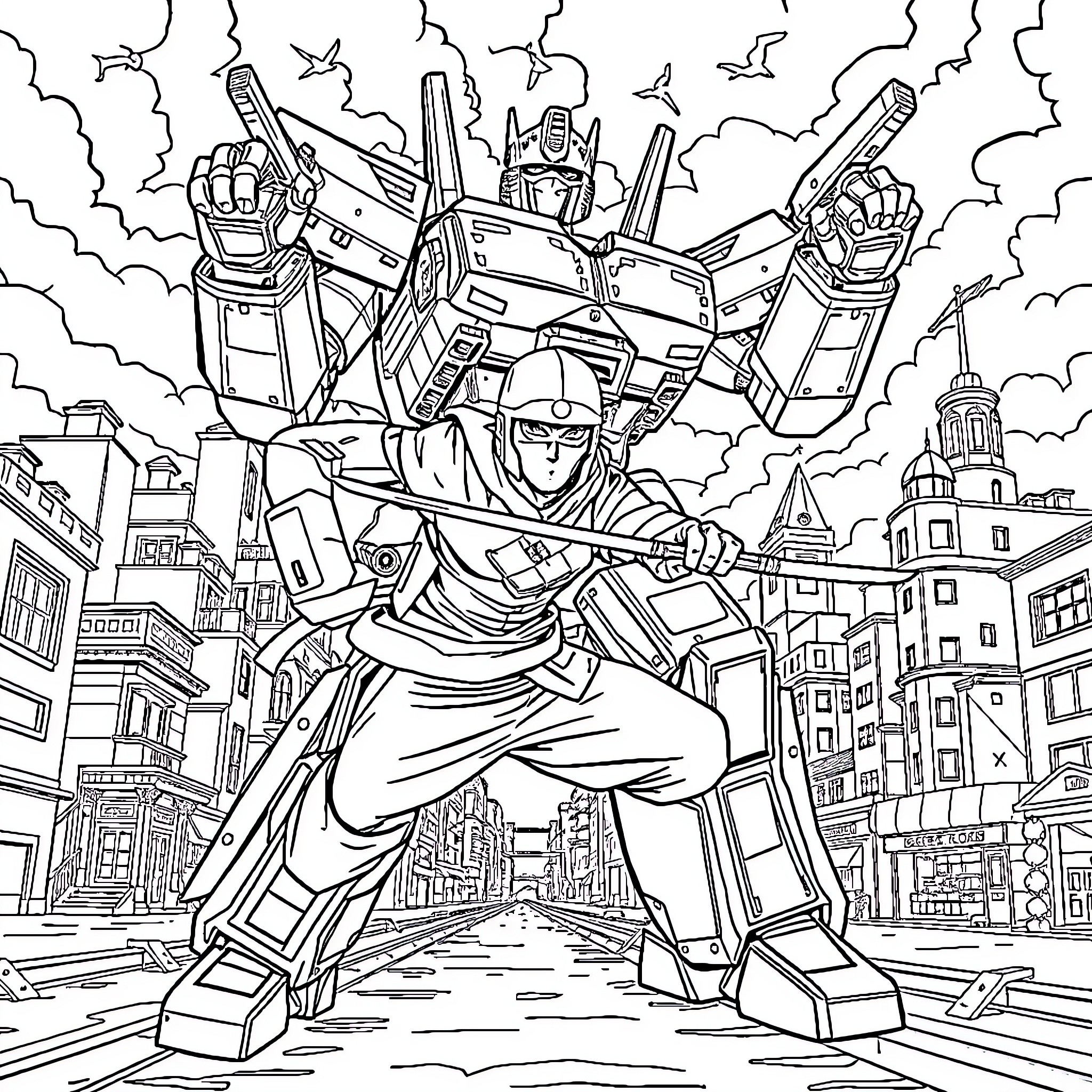 Ninja Warrior Battles Giant Robot in Futuristic City Coloring Page (free black-and-white line drawing printable PDF for all, from beginners to advanced learners, including children, teens, adults, and seniors)