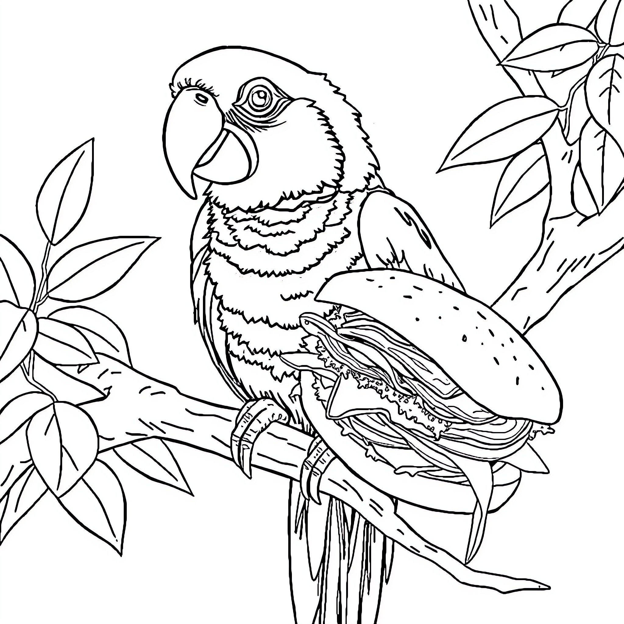 Parrot perched amidst lush foliage Coloring Page (free black-and-white line drawing printable PDF for all, from beginners to advanced learners, including children, teens, adults, and seniors)