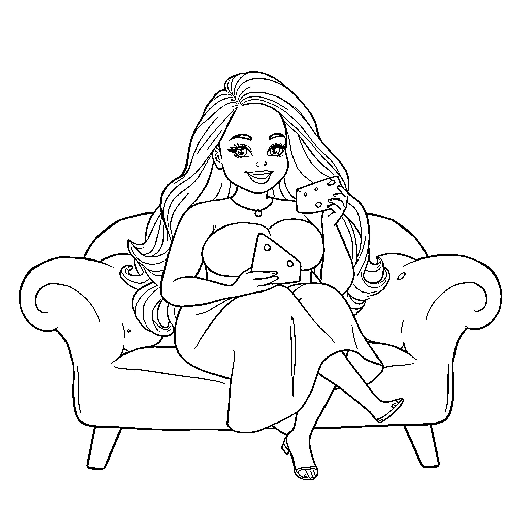 Barbie sitting comfortably on a couch with a smartphone Coloring Page (free black-and-white line drawing printable PDF for all, from beginners to advanced learners, including children, teens, adults, and seniors)