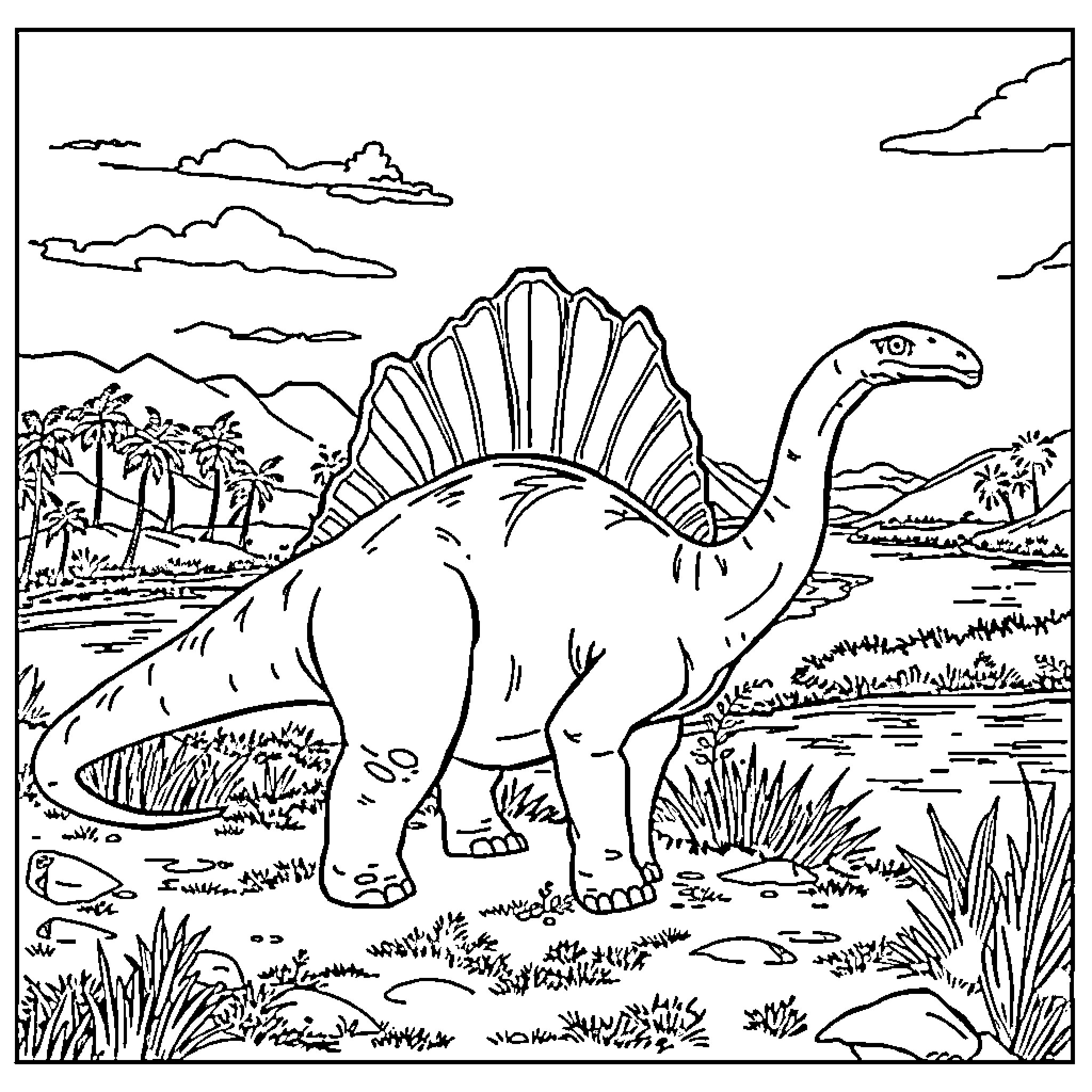 Spinosaurus exploring a prehistoric landscape Coloring Page (free black-and-white line drawing printable PDF for all, from beginners to advanced learners, including children, teens, adults, and seniors)