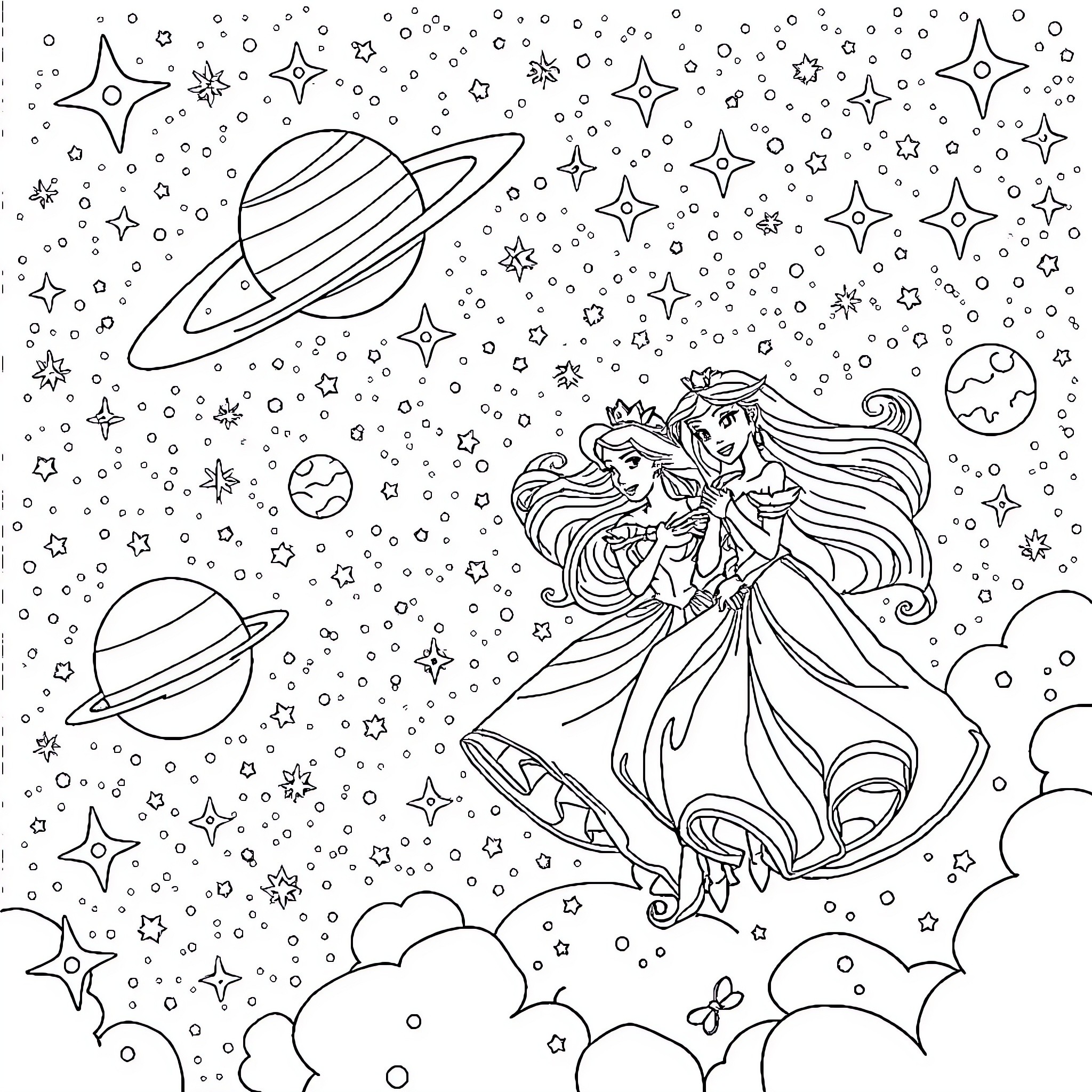 Princess Twirling in Cosmic Wonderland Coloring Page (free black-and-white line drawing printable PDF for all, from beginners to advanced learners, including children, teens, adults, and seniors)
