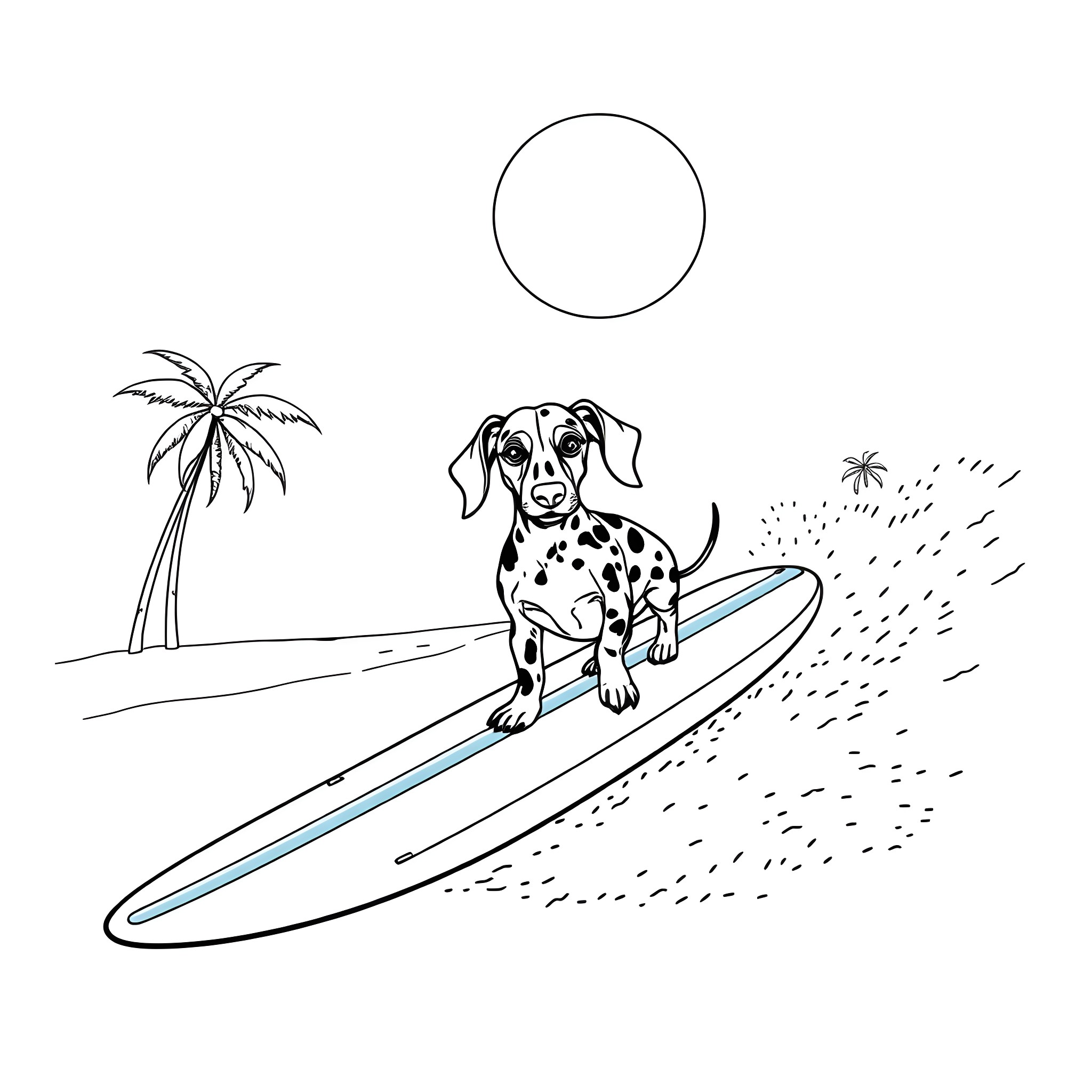 Dachshund surfing on the beach Coloring Page (free black-and-white line drawing printable PDF for all, from beginners to advanced learners, including children, teens, adults, and seniors)