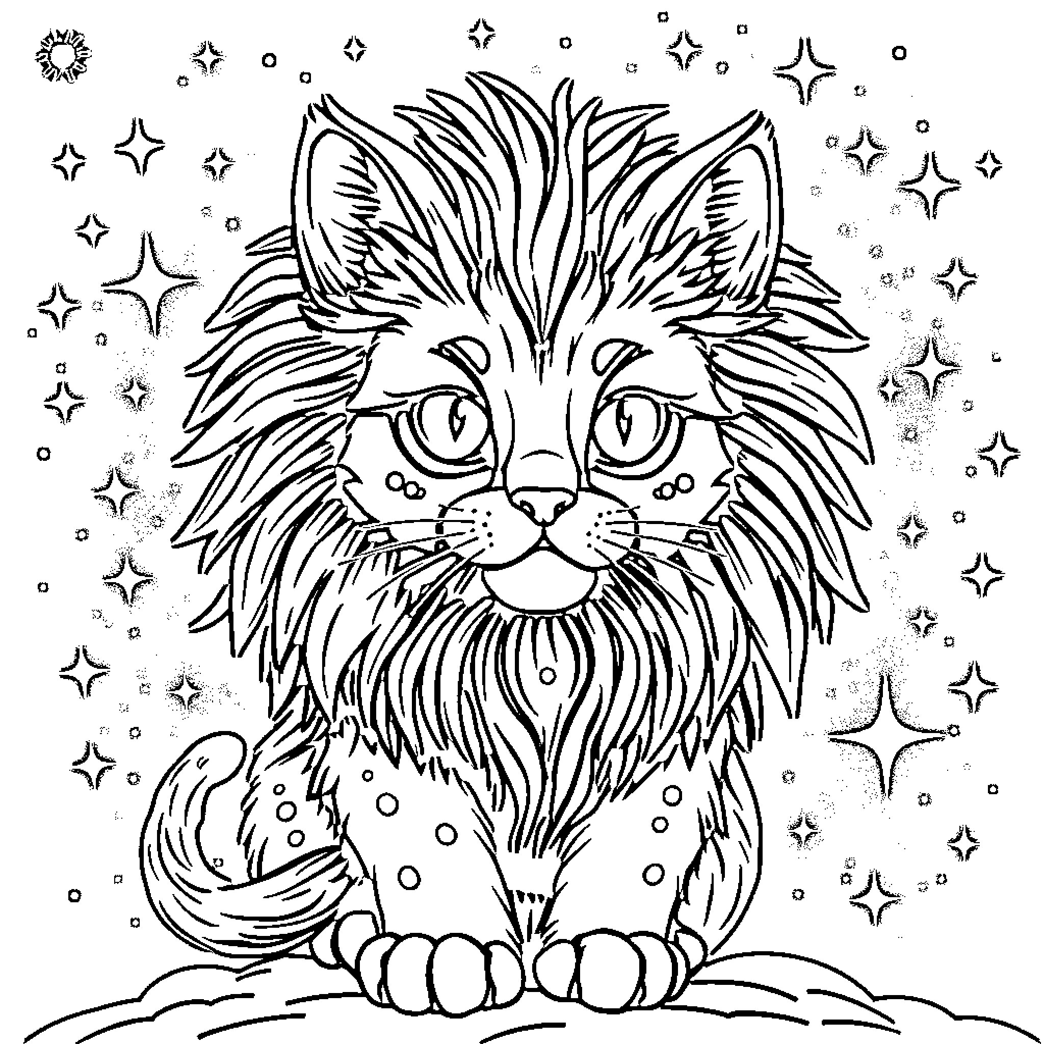 Kitty surrounded by sparkling stars Coloring Page (free black-and-white line drawing printable PDF for all, from beginners to advanced learners, including children, teens, adults, and seniors)
