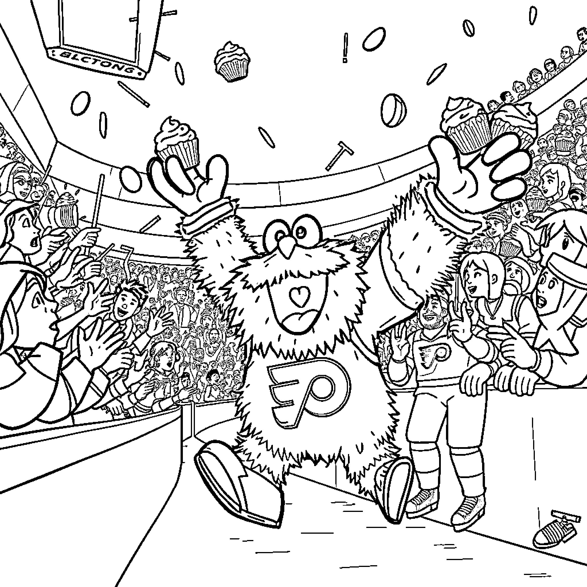 Gritty Mascot Excites Crowd at Sporting Event Coloring Page (free black-and-white line drawing printable PDF for all, from beginners to advanced learners, including children, teens, adults, and seniors)