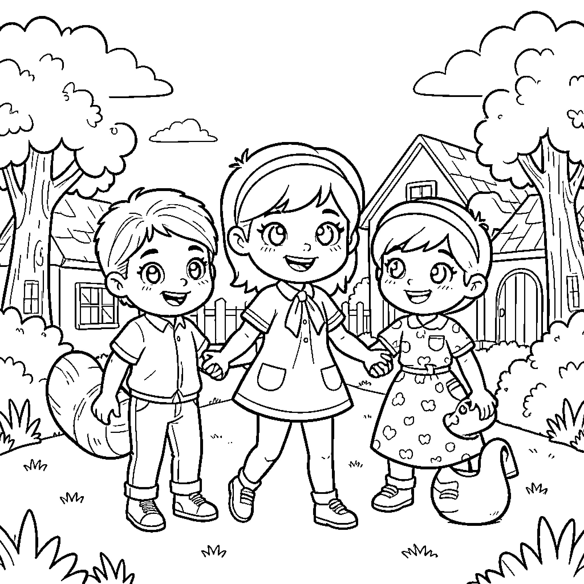 Cartoon children holding hands and walking in a garden Coloring Page (free black-and-white line drawing printable PDF for all, from beginners to advanced learners, including children, teens, adults, and seniors)