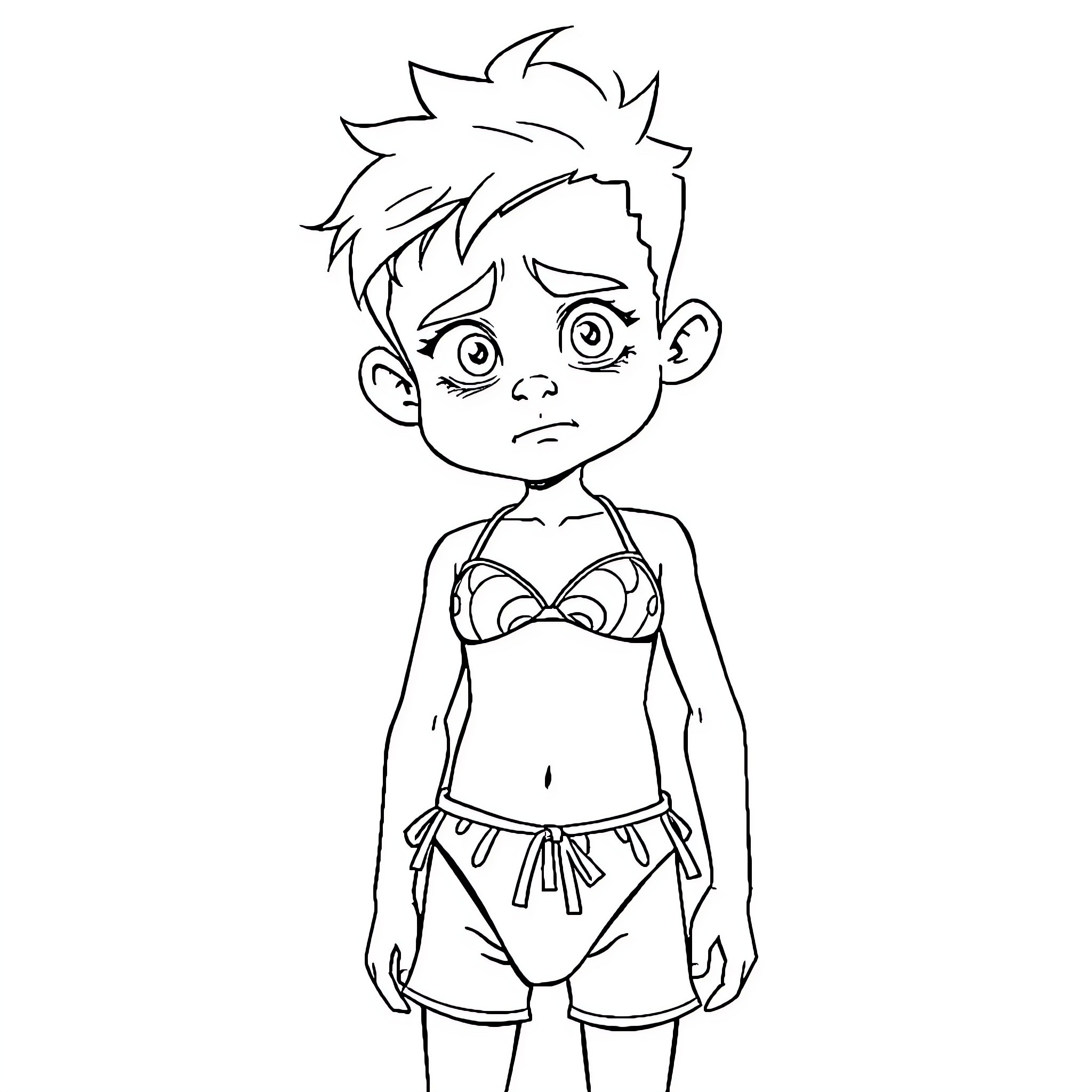 Boy in swimsuit with worried expression Coloring Page (free black-and-white line drawing printable PDF for all, from beginners to advanced learners, including children, teens, adults, and seniors)