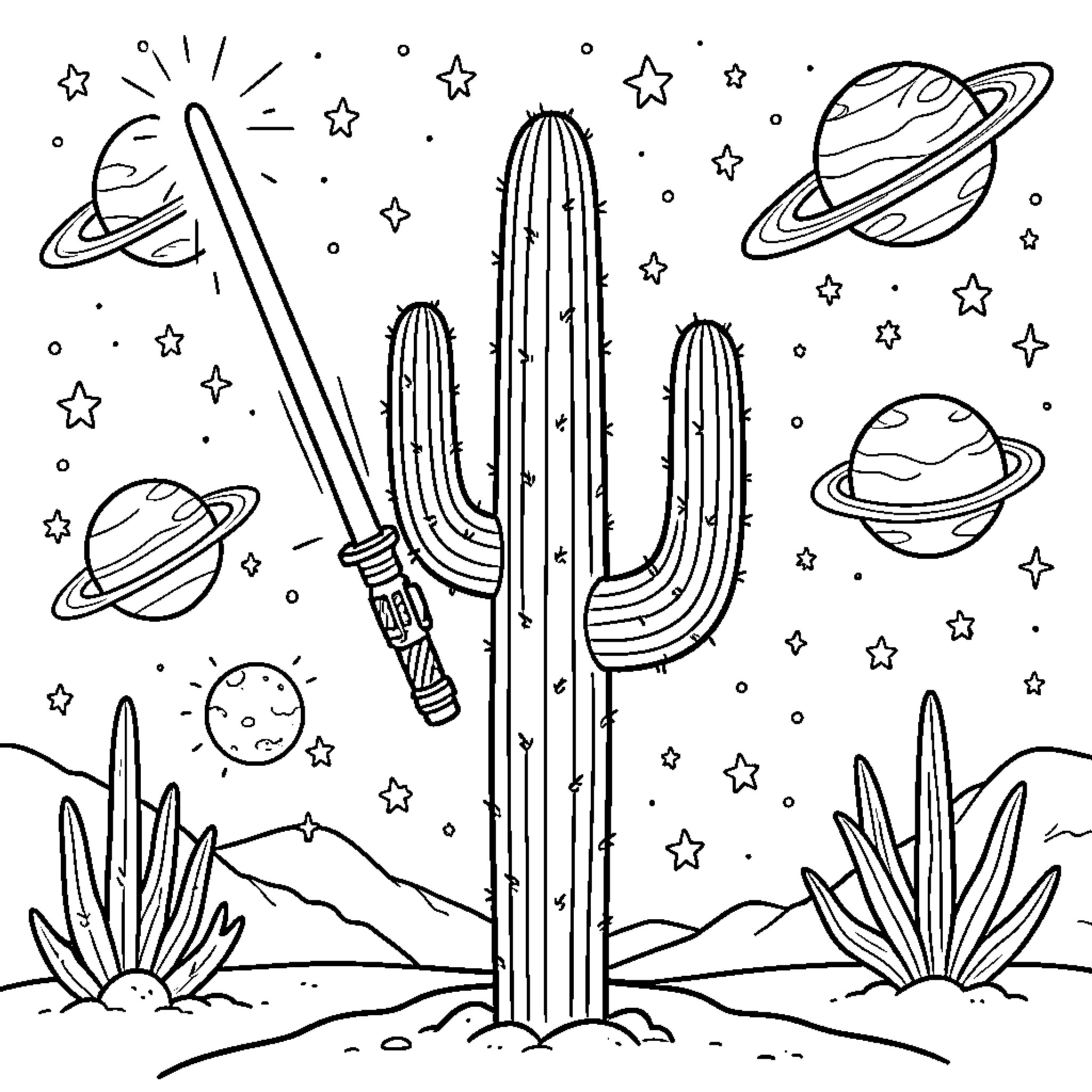 Cactus Landscape with Cosmic Elements Coloring Page (free black-and-white line drawing printable PDF for all, from beginners to advanced learners, including children, teens, adults, and seniors)