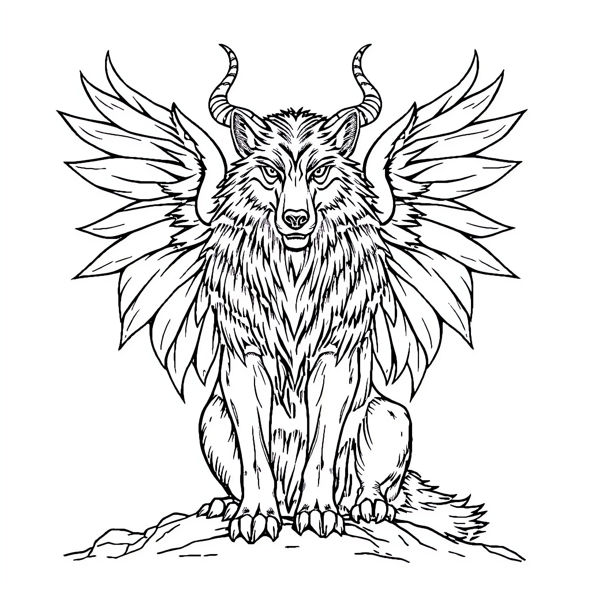 Wolf with Majestic Winged Appearance Coloring Page (free black-and-white line drawing printable PDF for all, from beginners to advanced learners, including children, teens, adults, and seniors)