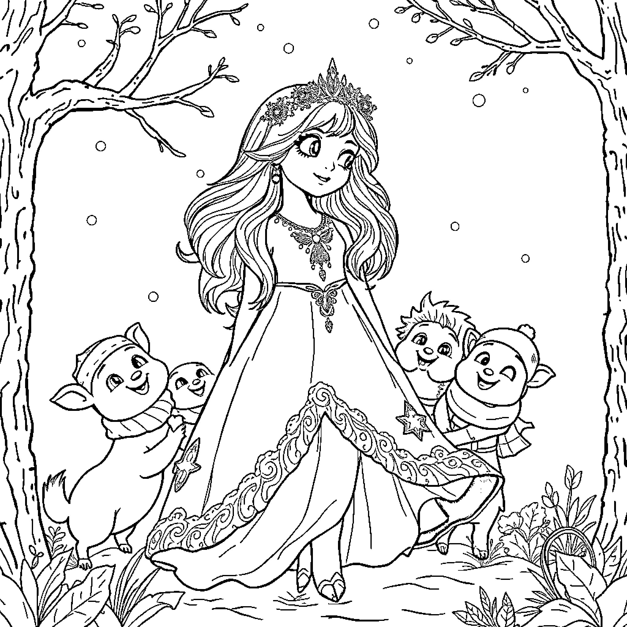 Snow White's Enchanting Winter Wonderland Adventure Coloring Page (free black-and-white line drawing printable PDF for all, from beginners to advanced learners, including children, teens, adults, and seniors)