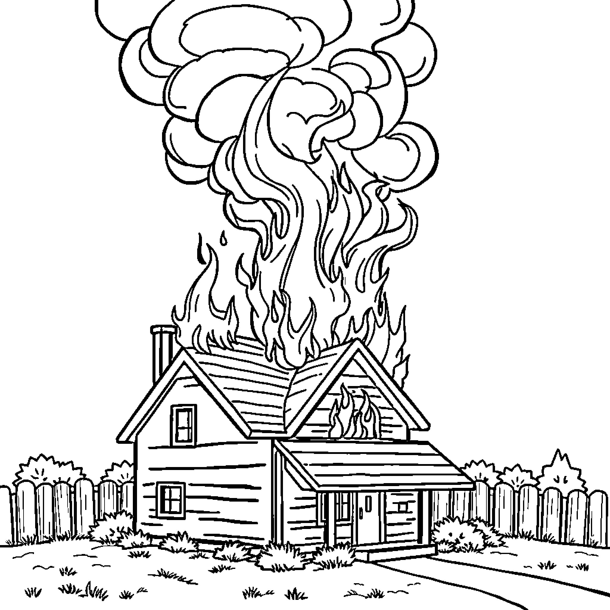 House Burning in Flames Coloring Page (free black-and-white line drawing printable PDF for all, from beginners to advanced learners, including children, teens, adults, and seniors)