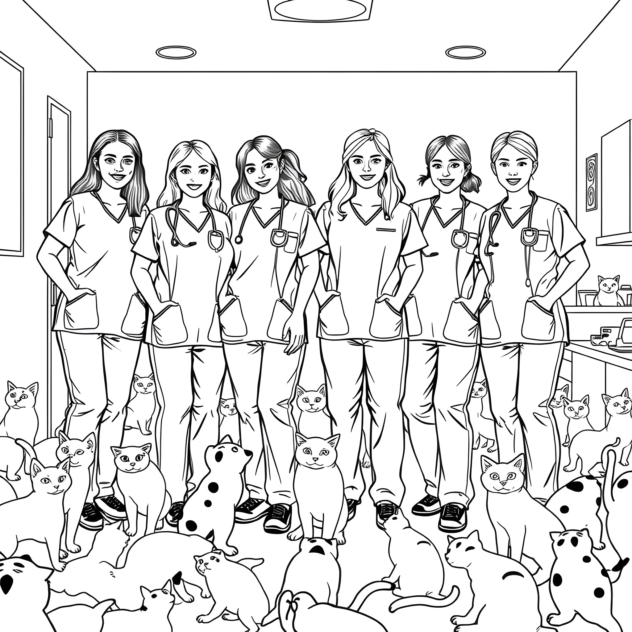 Woman in medical uniform surrounded by cats Coloring Page (free black-and-white line drawing printable PDF for all, from beginners to advanced learners, including children, teens, adults, and seniors)