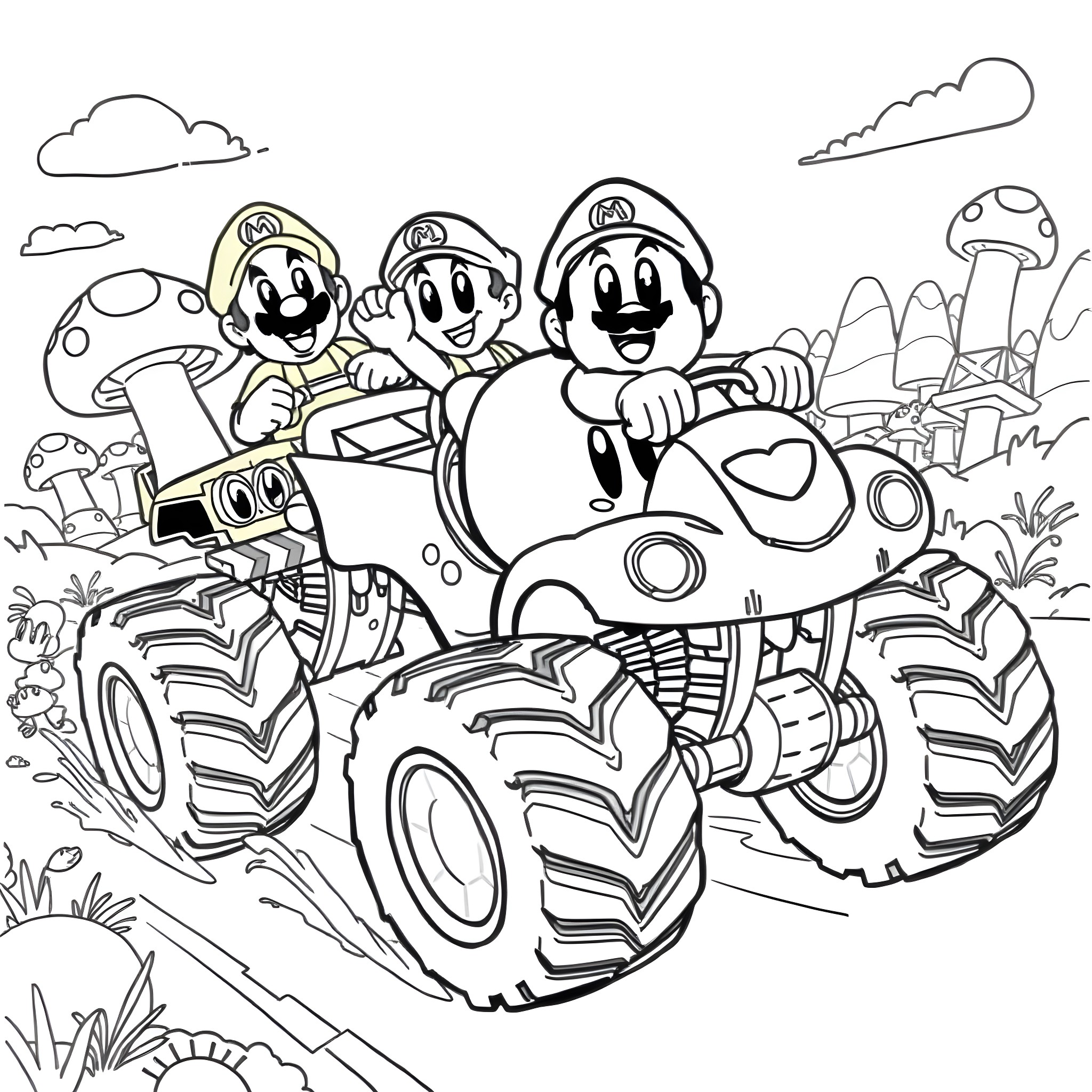 Kirby and friends riding a monster truck in the countryside Coloring Page (free black-and-white line drawing printable PDF for all, from beginners to advanced learners, including children, teens, adults, and seniors)