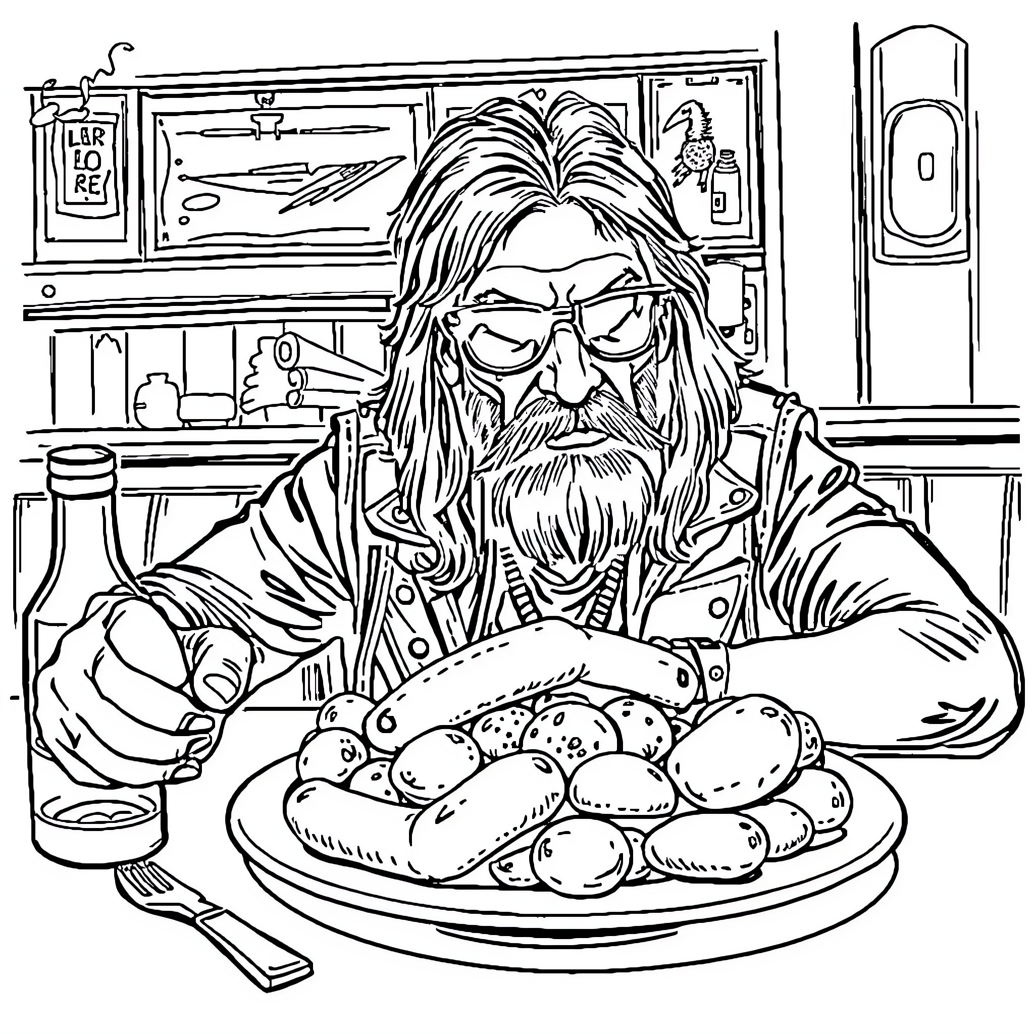 Lemmy enjoying a hearty meal in his kitchen Coloring Page (free black-and-white line drawing printable PDF for all, from beginners to advanced learners, including children, teens, adults, and seniors)