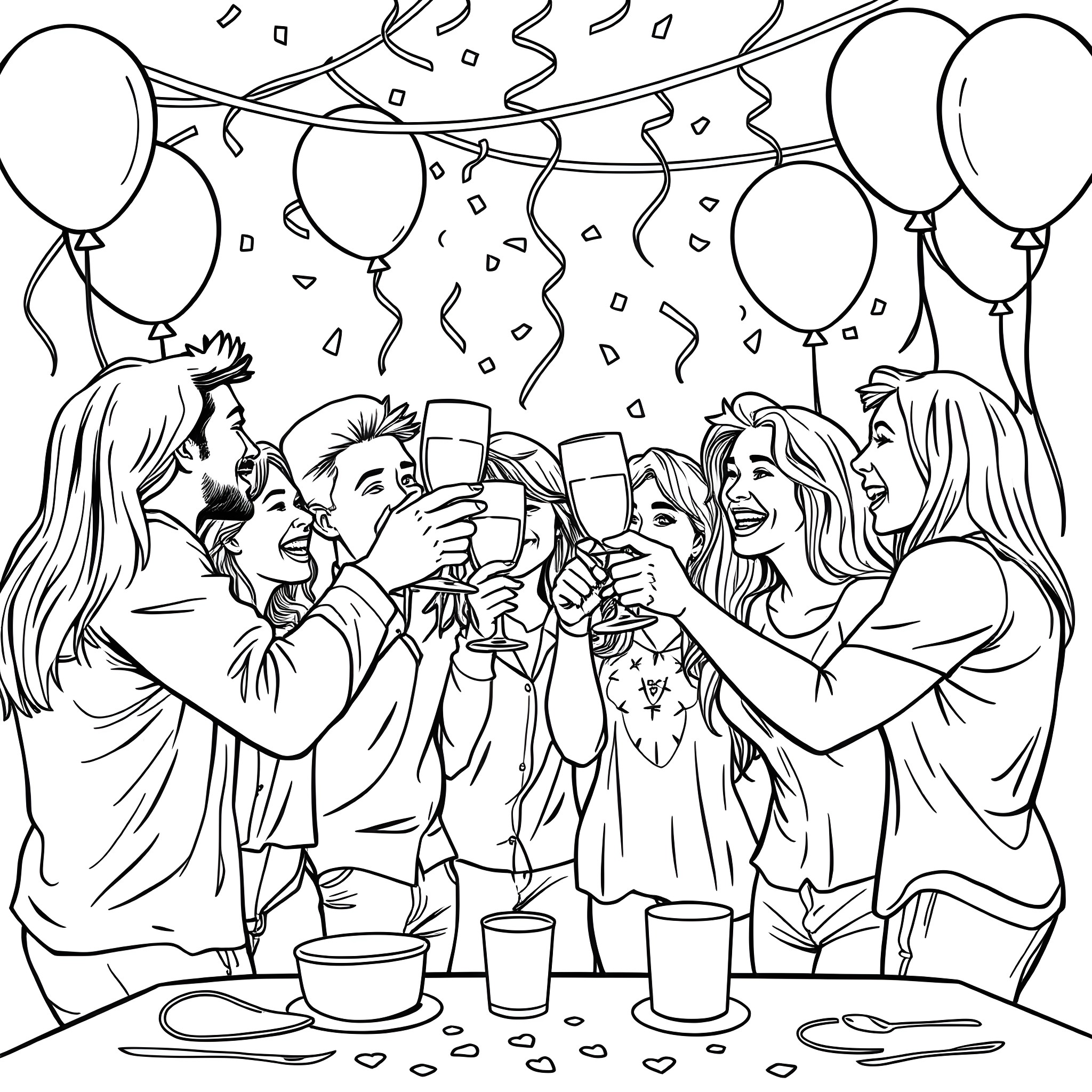 Cheers to a Lively Celebration Coloring Page (free black-and-white line drawing printable PDF for all, from beginners to advanced learners, including children, teens, adults, and seniors)