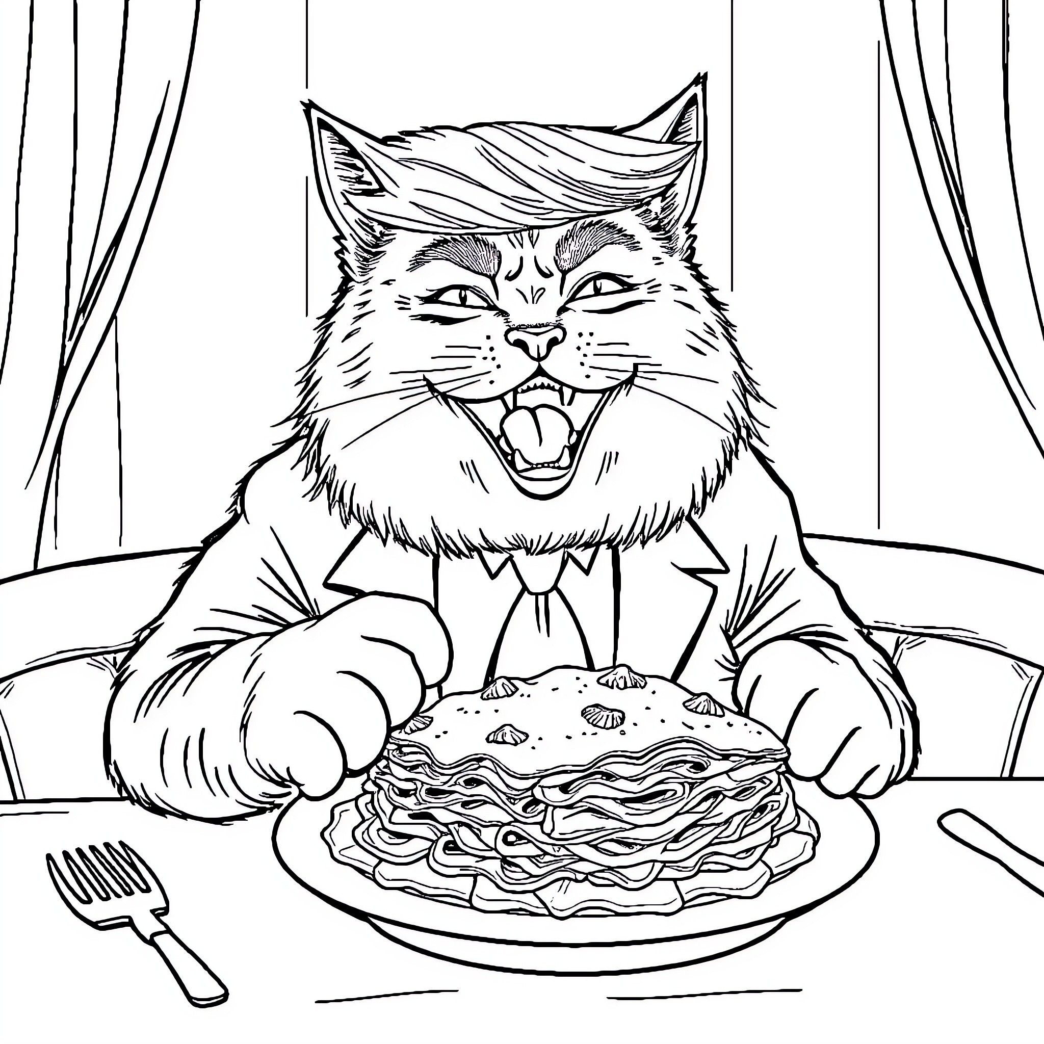Cat happily eating a large stack of pancakes Coloring Page (free black-and-white line drawing printable PDF for all, from beginners to advanced learners, including children, teens, adults, and seniors)