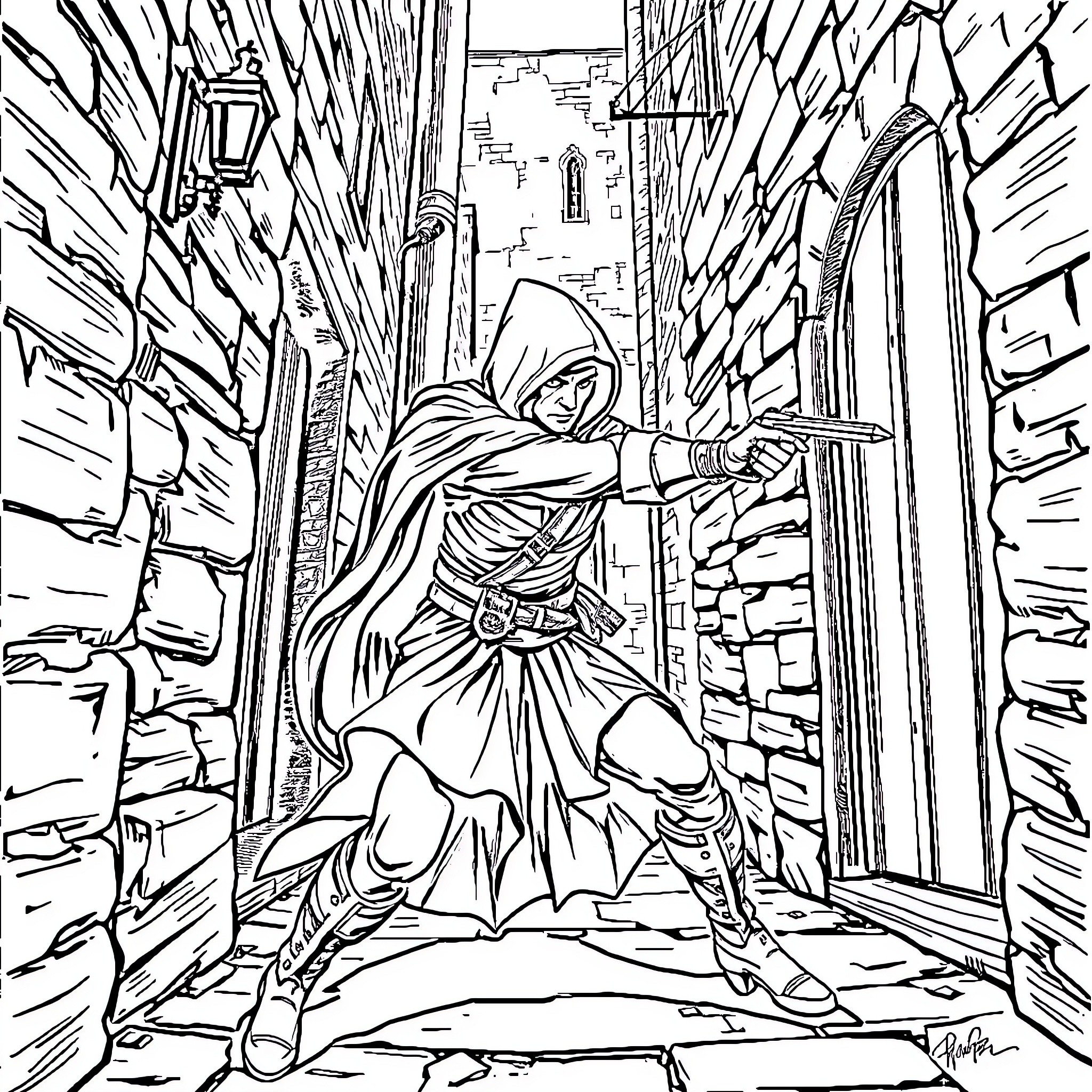 Ezio Auditore, Master Assassin in Action Coloring Page (free black-and-white line drawing printable PDF for all, from beginners to advanced learners, including children, teens, adults, and seniors)