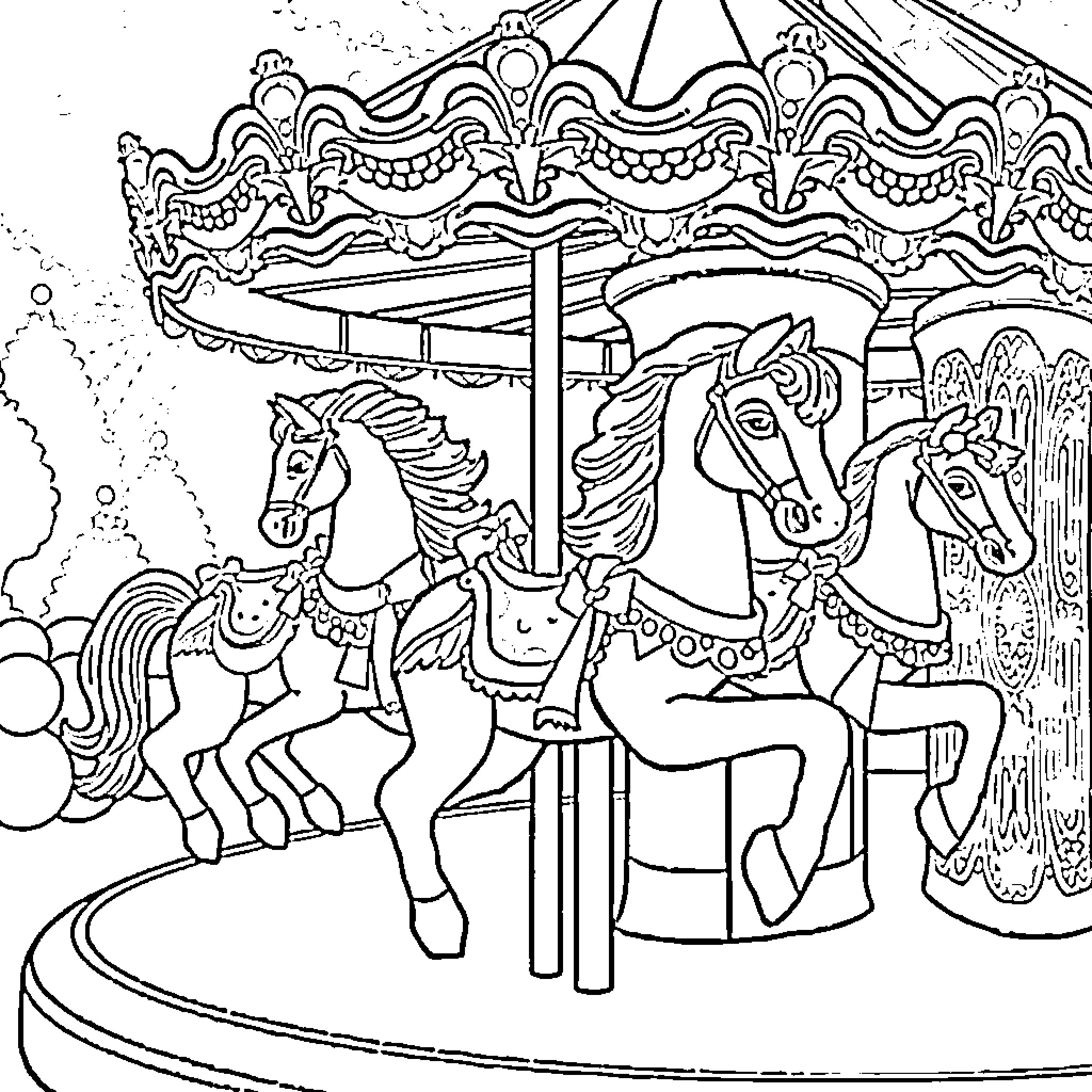 Carousel Horses Spinning with Ornate Details Coloring Page (free black-and-white line drawing printable PDF for all, from beginners to advanced learners, including children, teens, adults, and seniors)