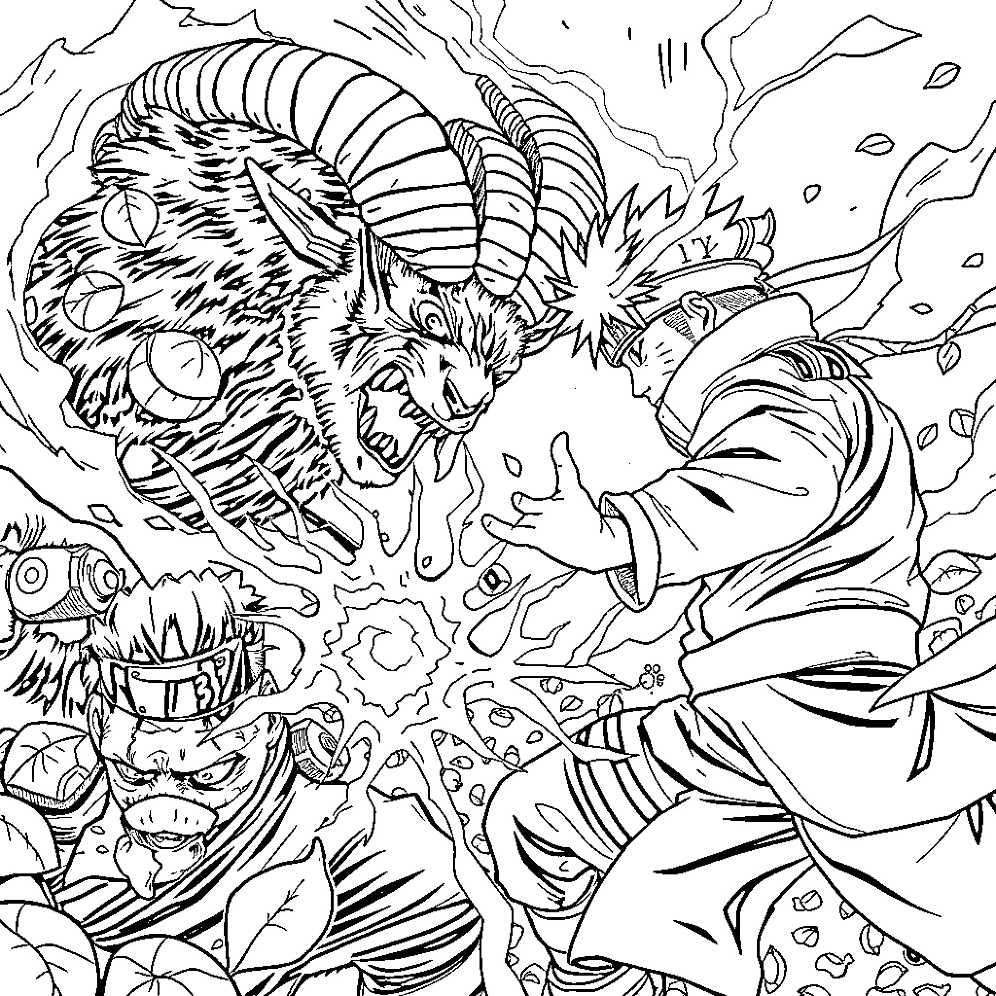 Naruto characters in intense battle with powerful creatures Coloring Page (free black-and-white line drawing printable PDF for all, from beginners to advanced learners, including children, teens, adults, and seniors)
