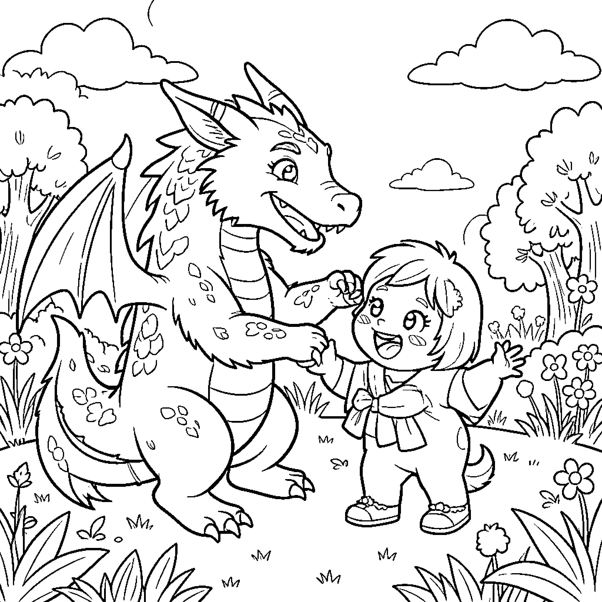 Dragon interacting playfully with a joyful little child Coloring Page (free black-and-white line drawing printable PDF for all, from beginners to advanced learners, including children, teens, adults, and seniors)