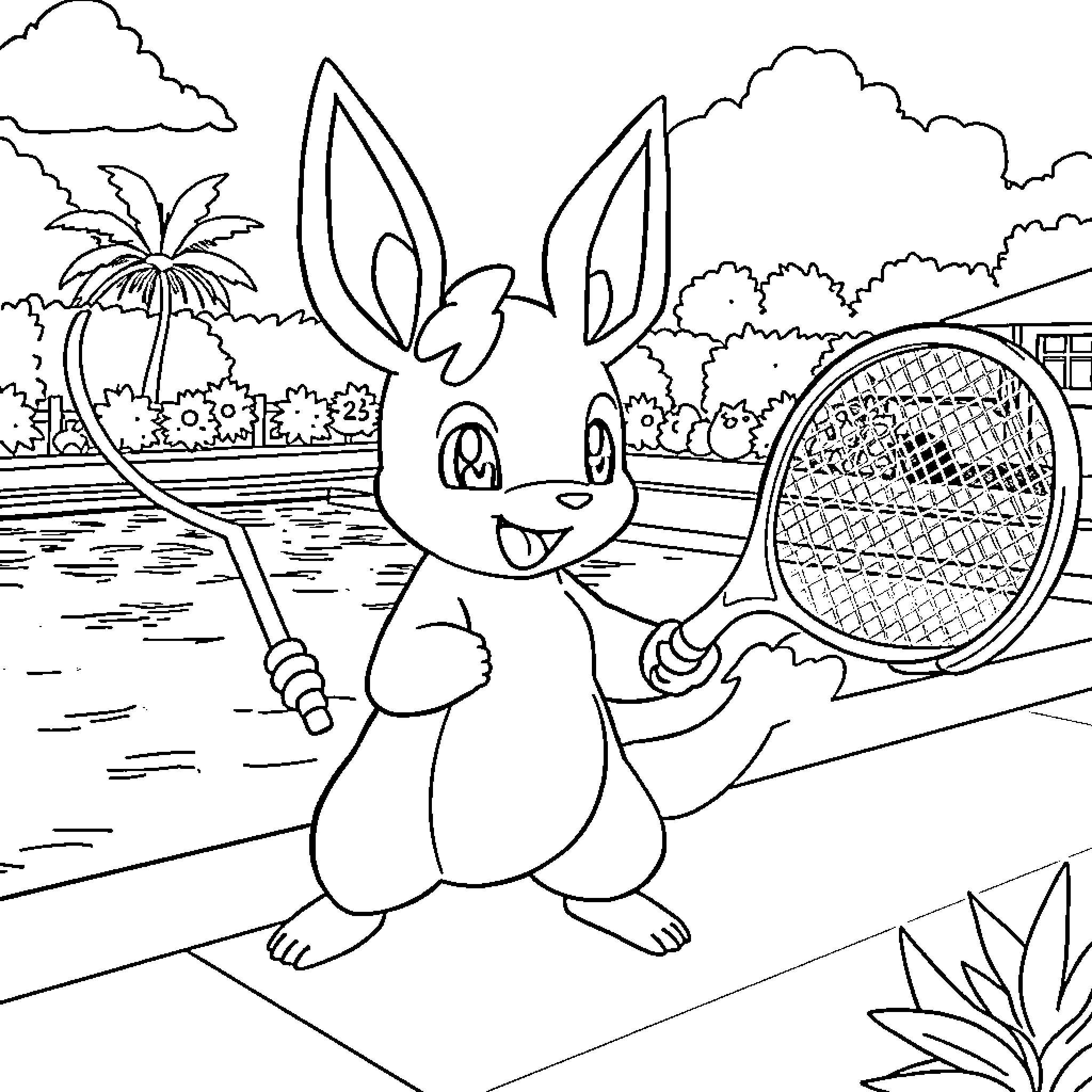 Lucario playing tennis in a tropical paradise Coloring Page (free black-and-white line drawing printable PDF for all, from beginners to advanced learners, including children, teens, adults, and seniors)