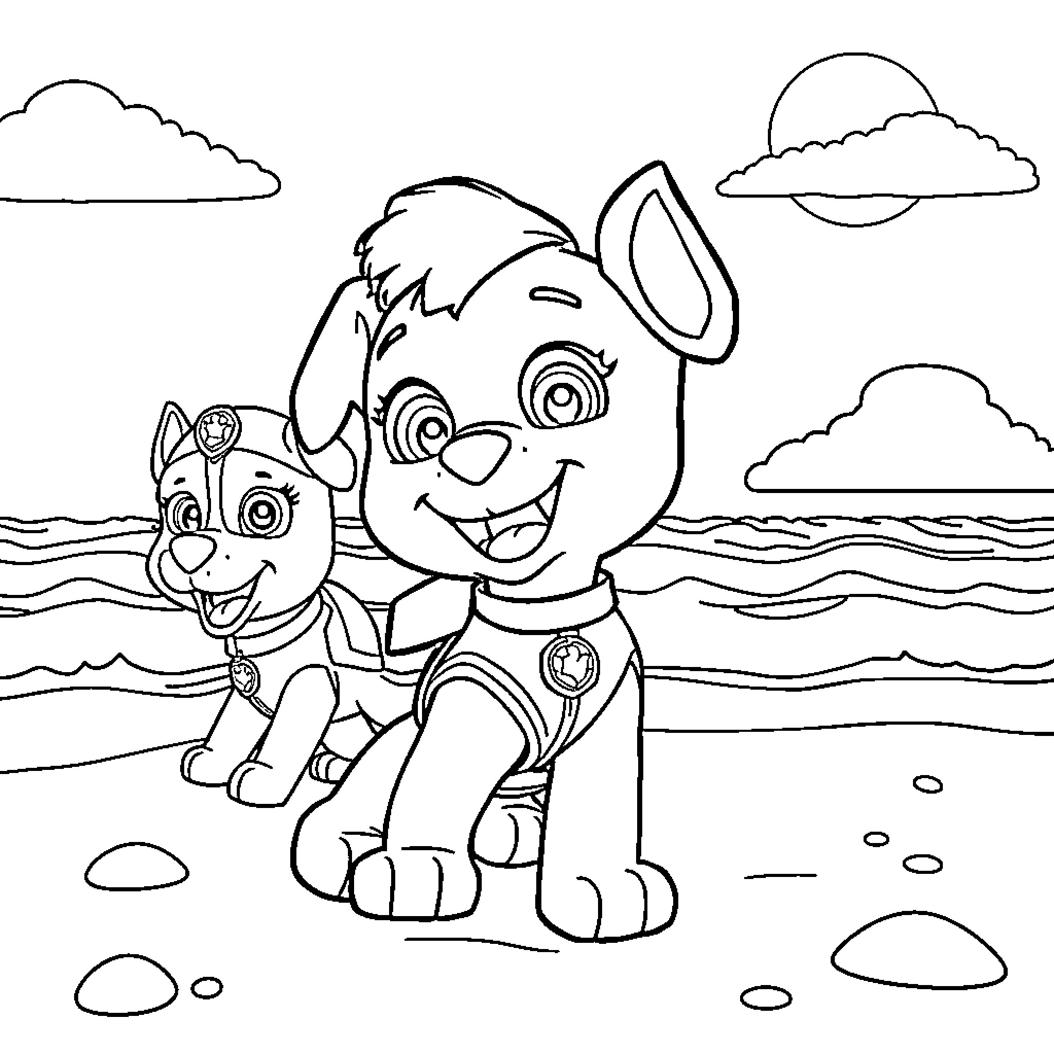 Skye and Chase playing by the beach Coloring Page (free black-and-white line drawing printable PDF for all, from beginners to advanced learners, including children, teens, adults, and seniors)